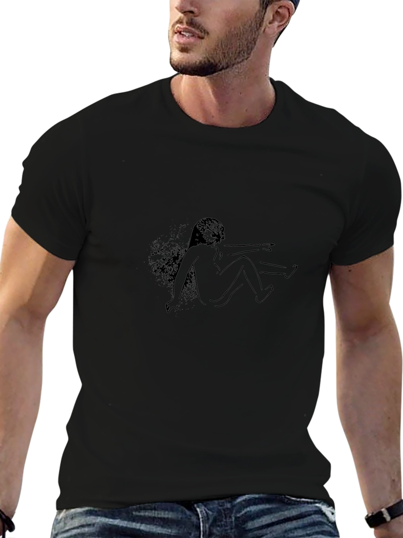 Abstract Line Art Print Black T-Shirt