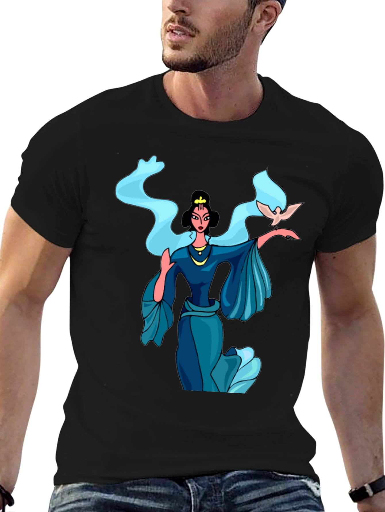 Elegant Woman with Dove Graphic Tee - Black