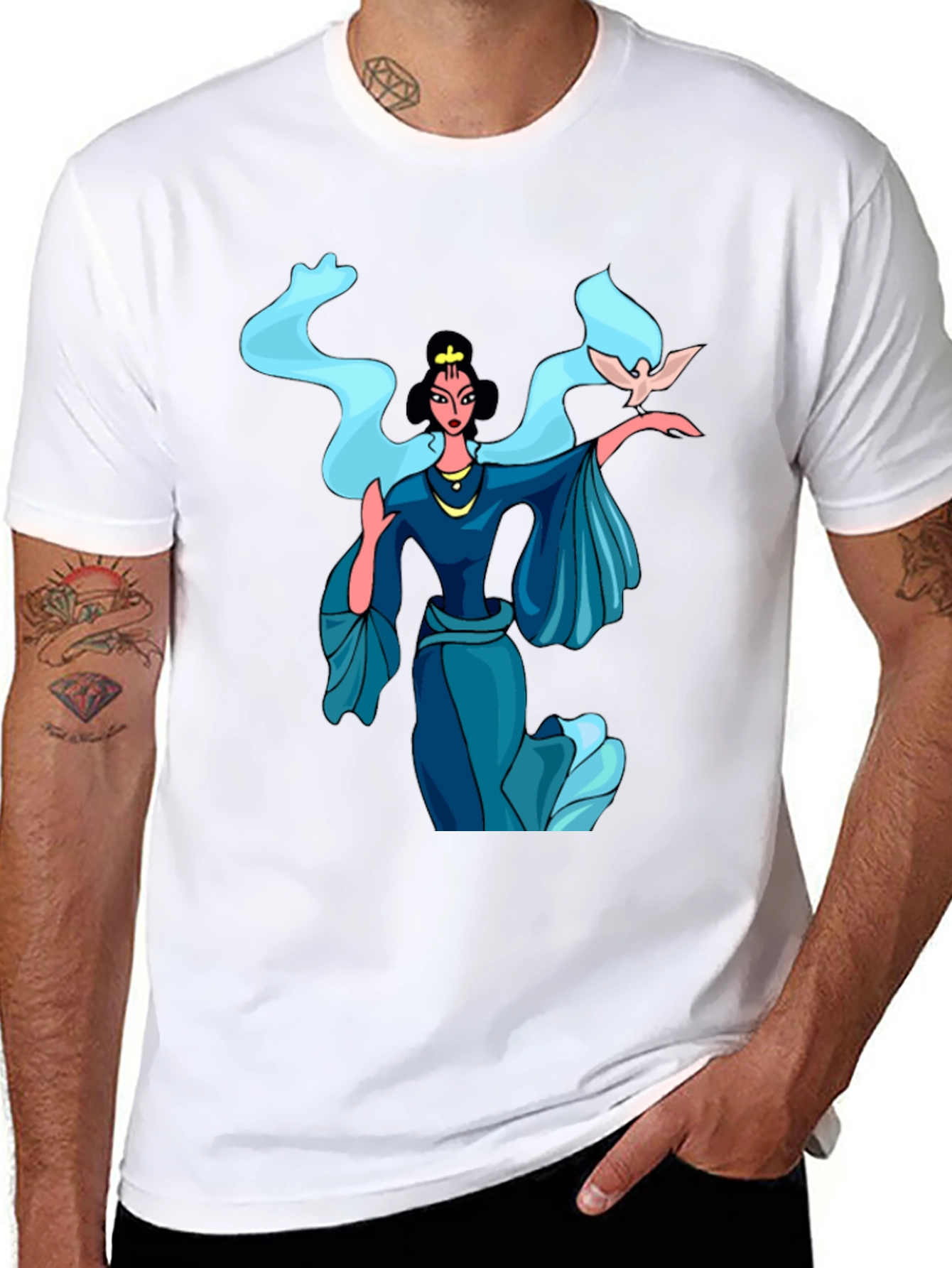 Elegant Woman with Dove Graphic Tee - Black