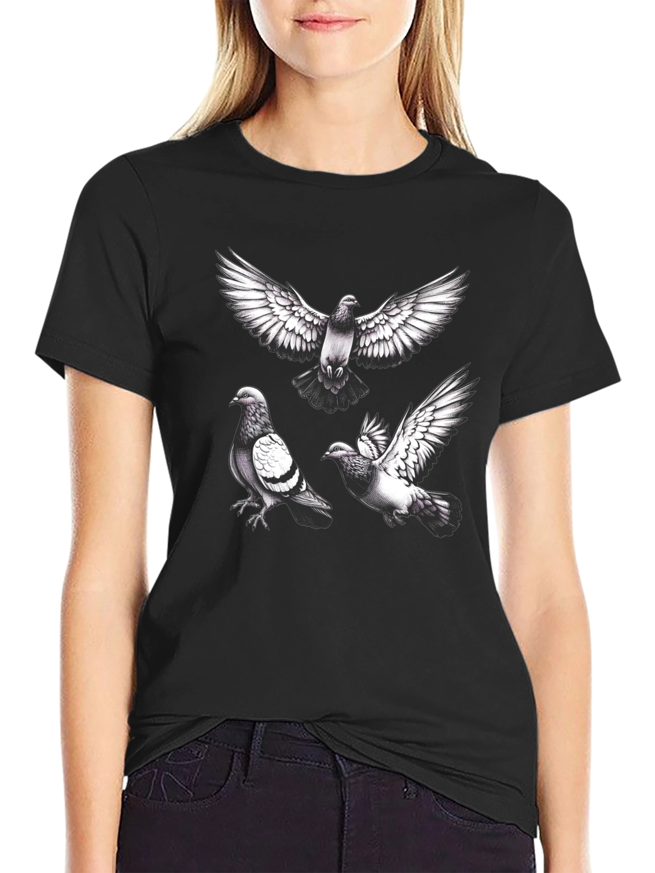 Pigeon Graphic Tee - Black Casual T-Shirt