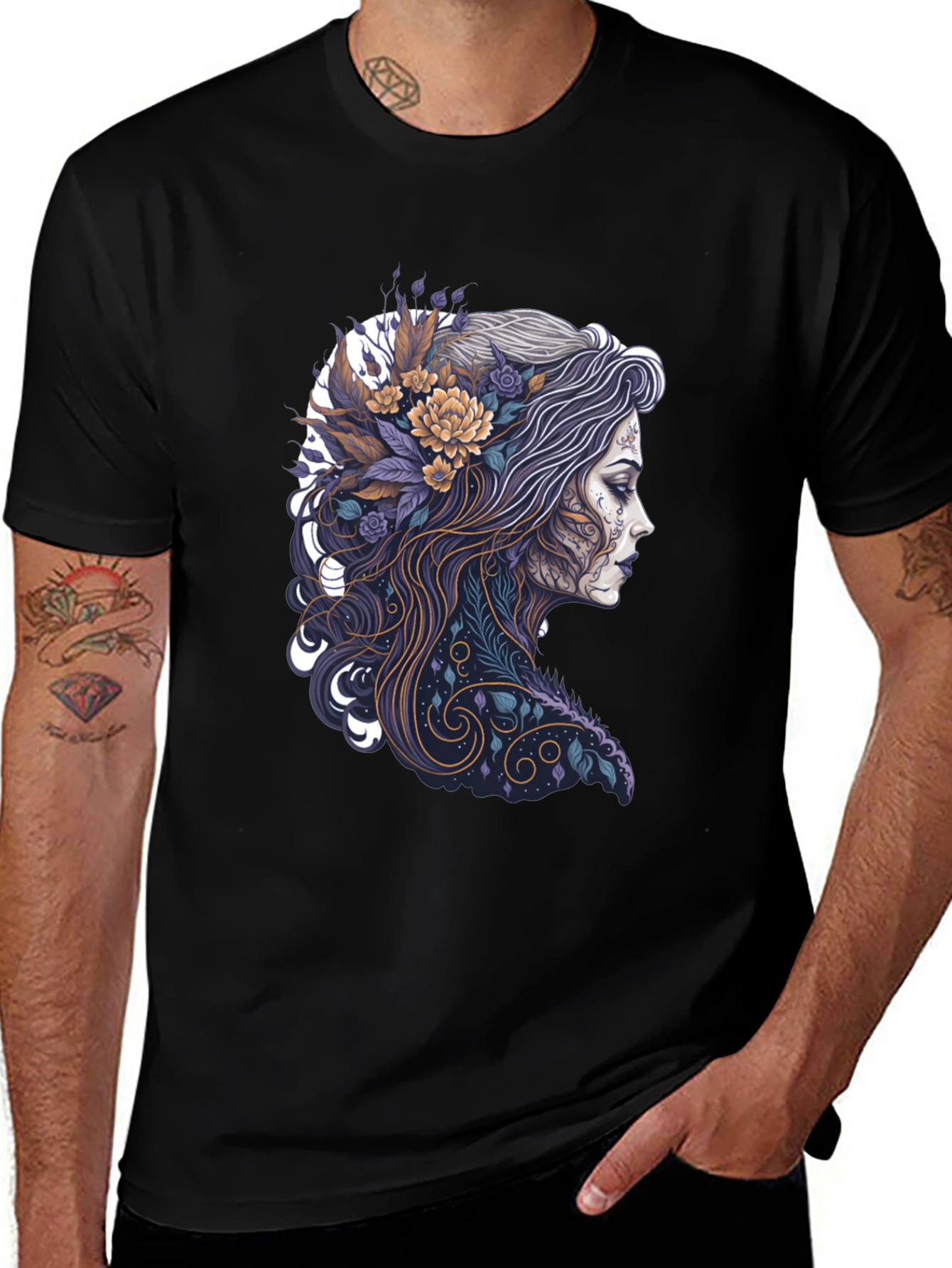 Floral Woman Graphic Black T-Shirt