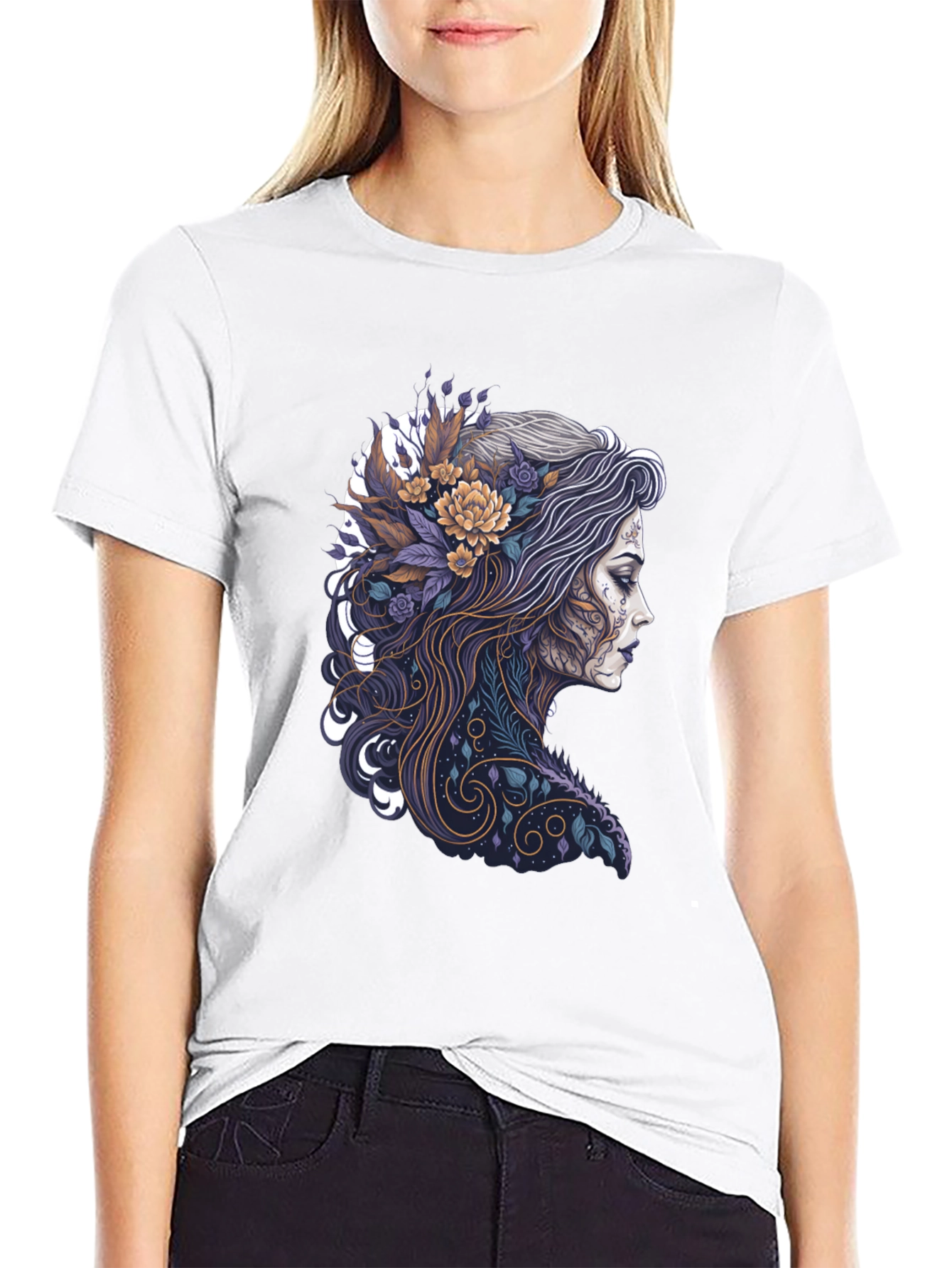 Floral Woman Graphic Black T-Shirt