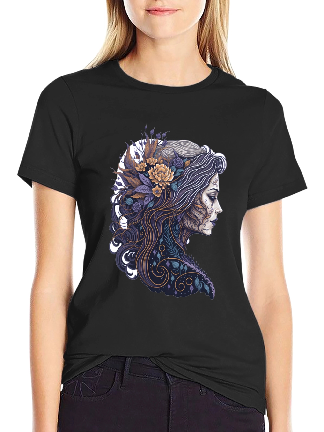Floral Woman Graphic Black T-Shirt