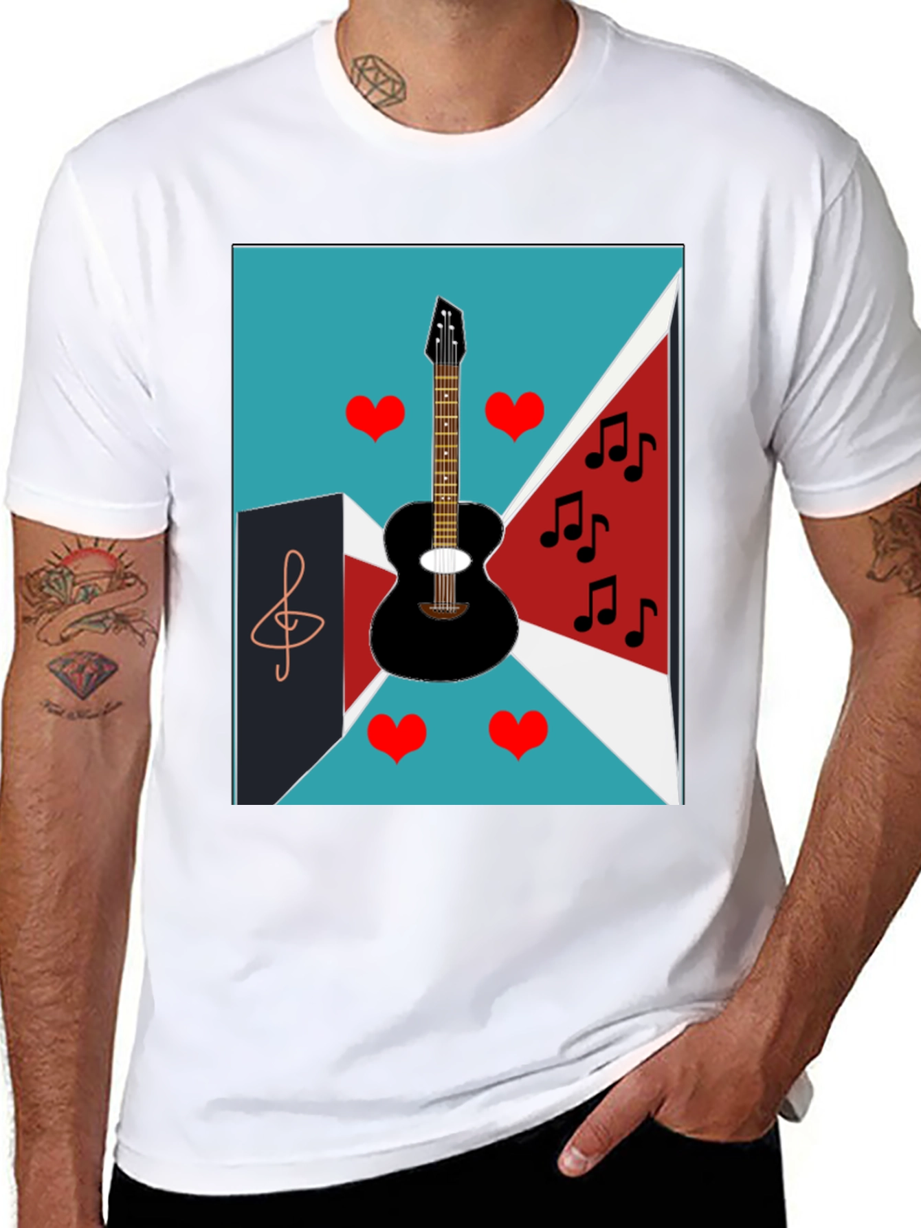 Musical Graphic Tee - Guitar Hearts and Notes Design