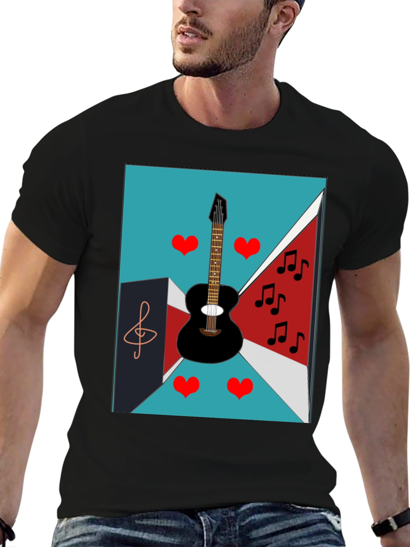 Musical Graphic Tee - Guitar Hearts and Notes Design