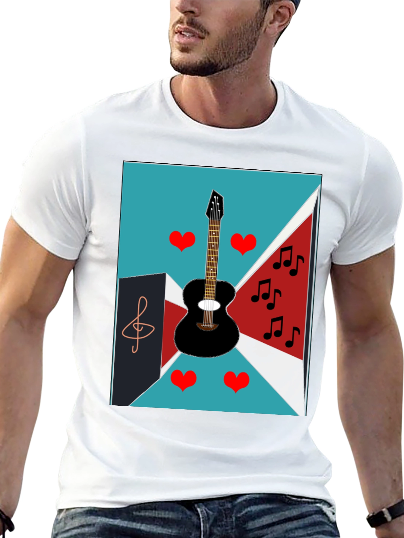 Musical Graphic Tee - Guitar Hearts and Notes Design