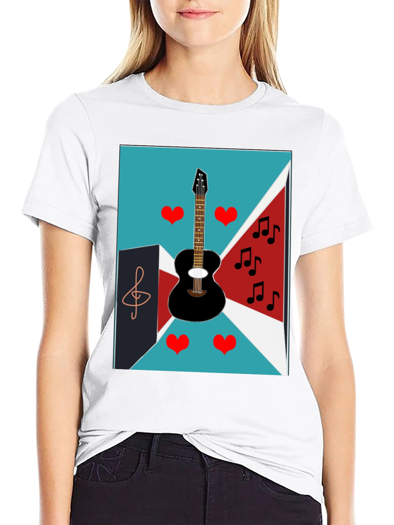Musical Graphic Tee - Guitar Hearts and Notes Design