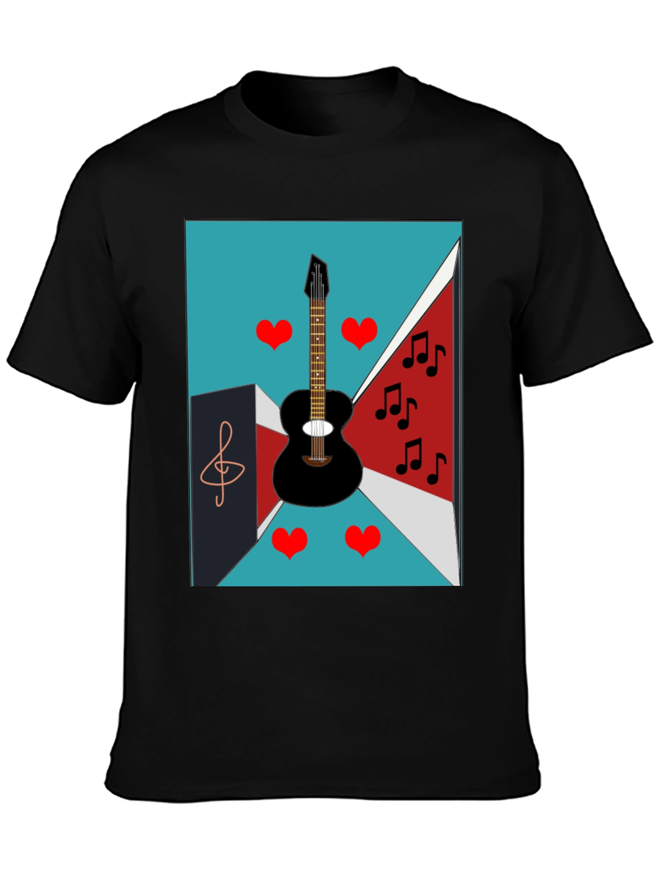 Musical Graphic Tee - Guitar Hearts and Notes Design