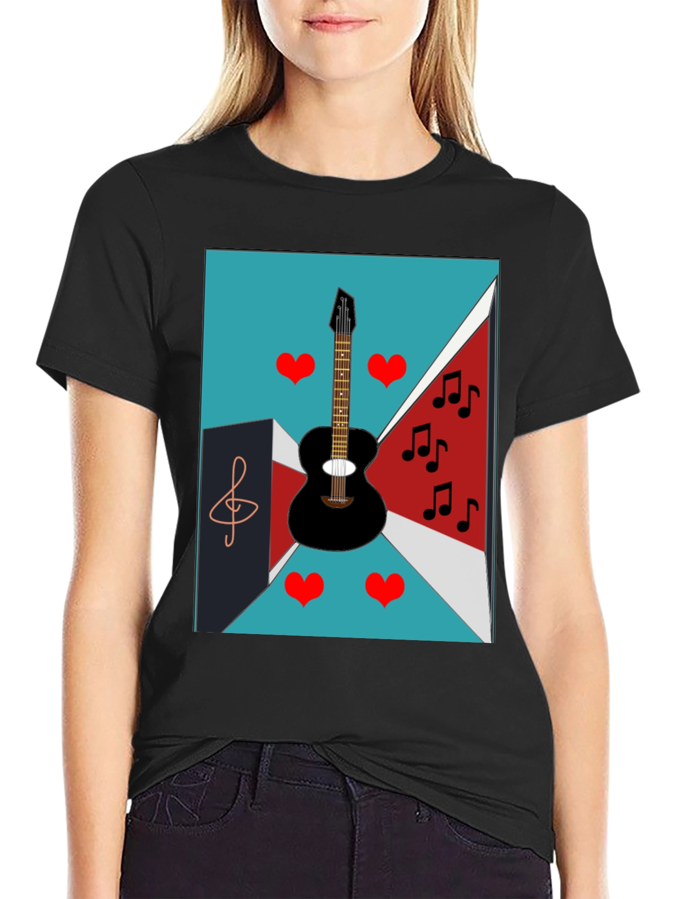 Musical Graphic Tee - Guitar Hearts and Notes Design