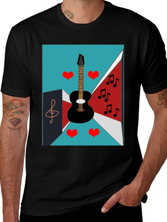 Musical Graphic Tee - Guitar Hearts and Notes Design