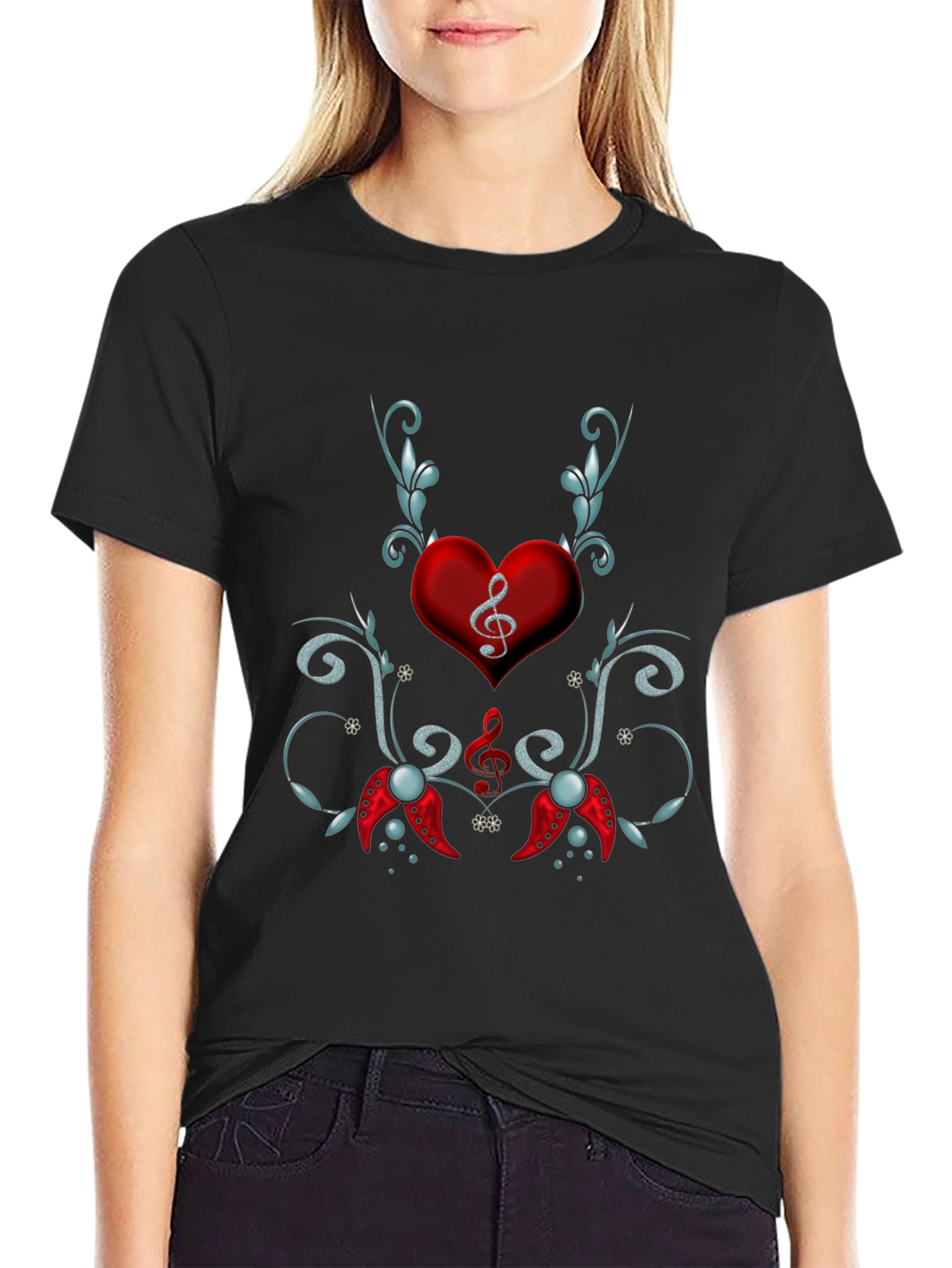 Musical Heart Graphic Tee - Black Cotton Blend