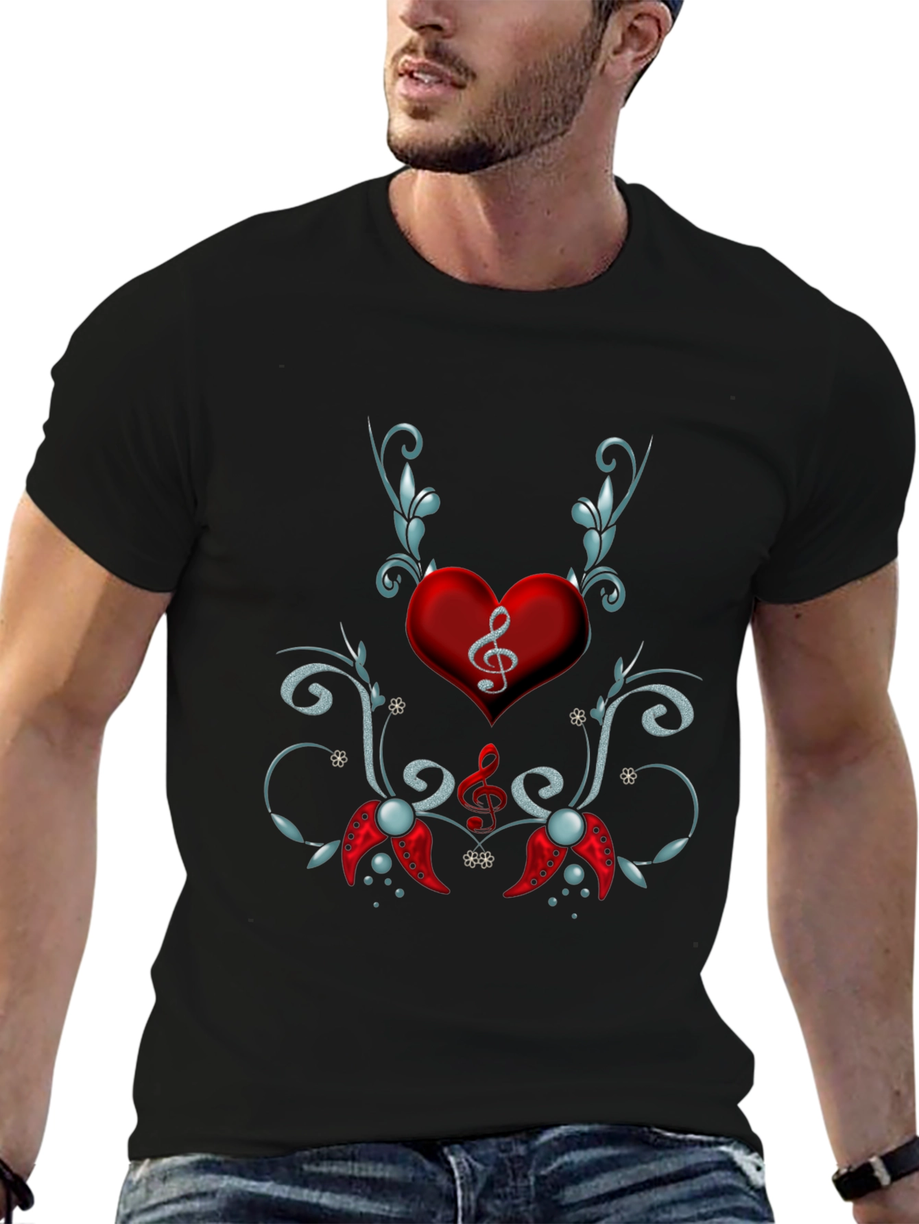 Musical Heart Graphic Tee - Black Cotton Blend