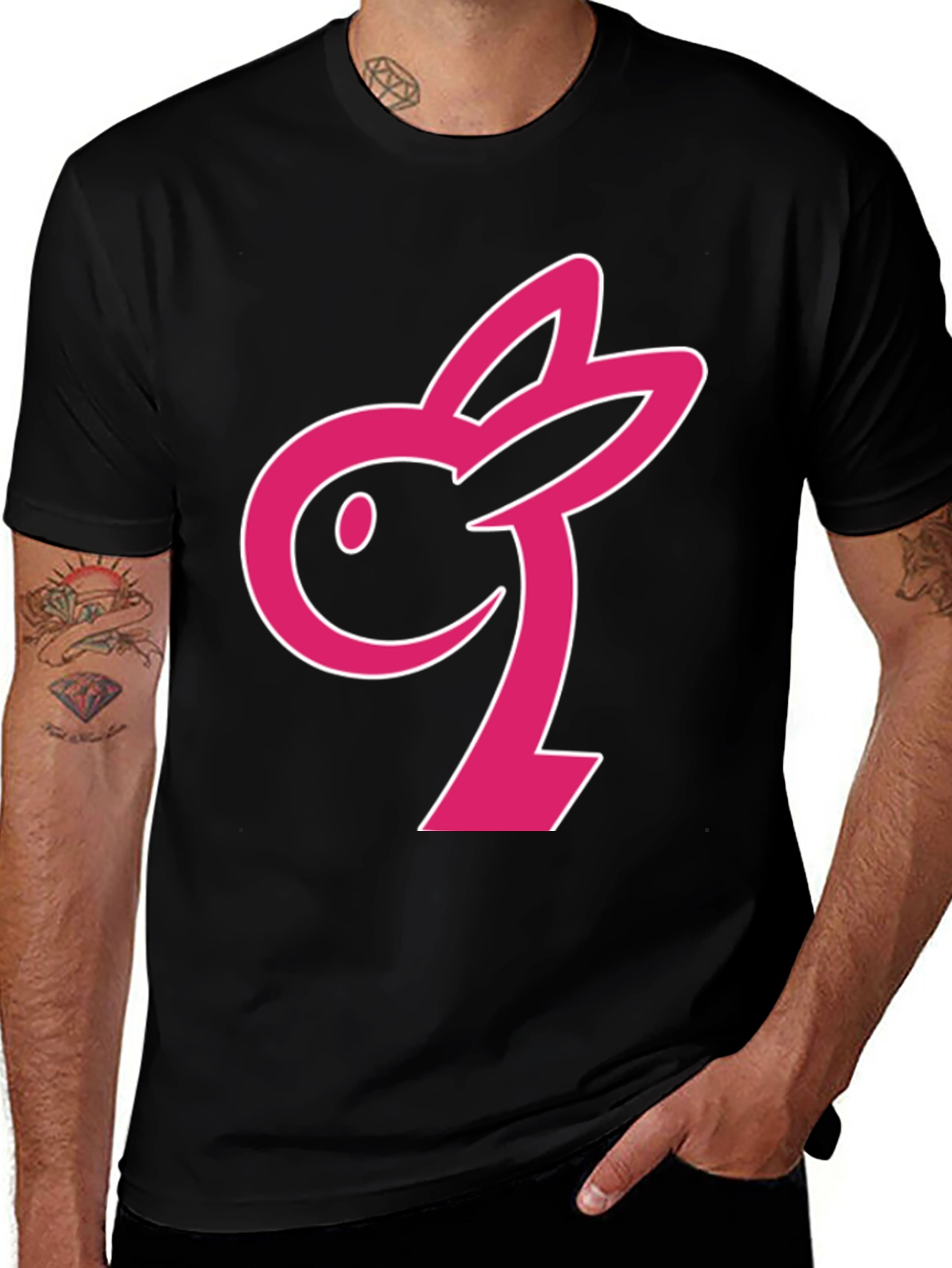 Black T-Shirt with Pink Bunny Graphic
