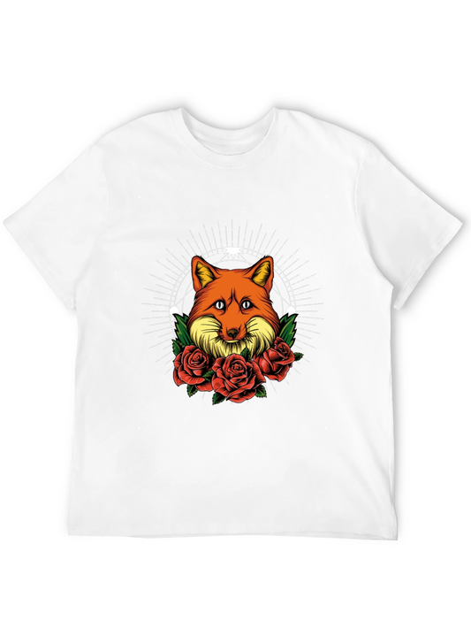 Fox & Roses Graphic Print Tee - Stylish Mens Black T-Shirt
