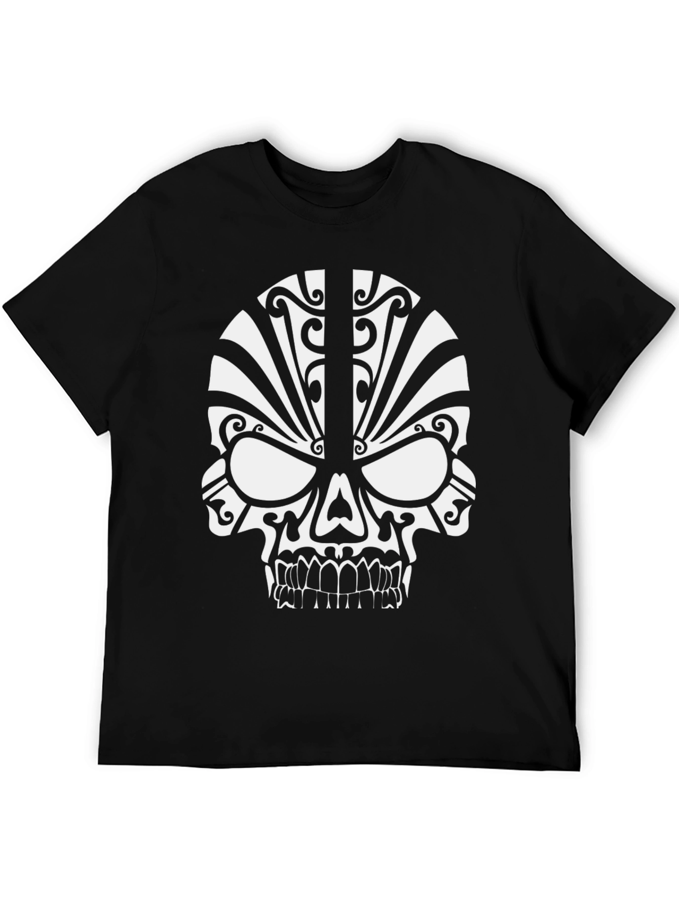 Tribal Skull Graphic Tee - Black Cotton T-Shirt