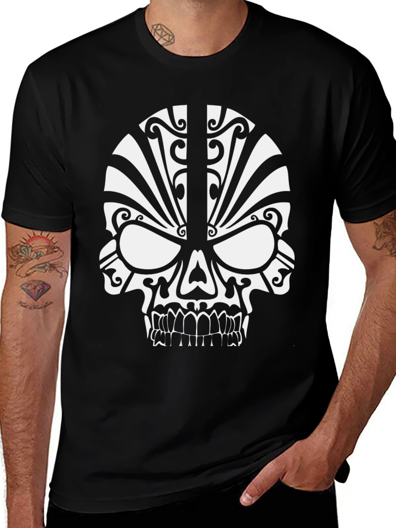 Tribal Skull Graphic Tee - Black Cotton T-Shirt
