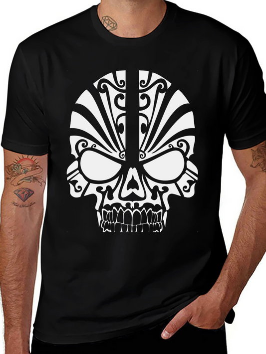 Tribal Skull Graphic Tee - Black Cotton T-Shirt