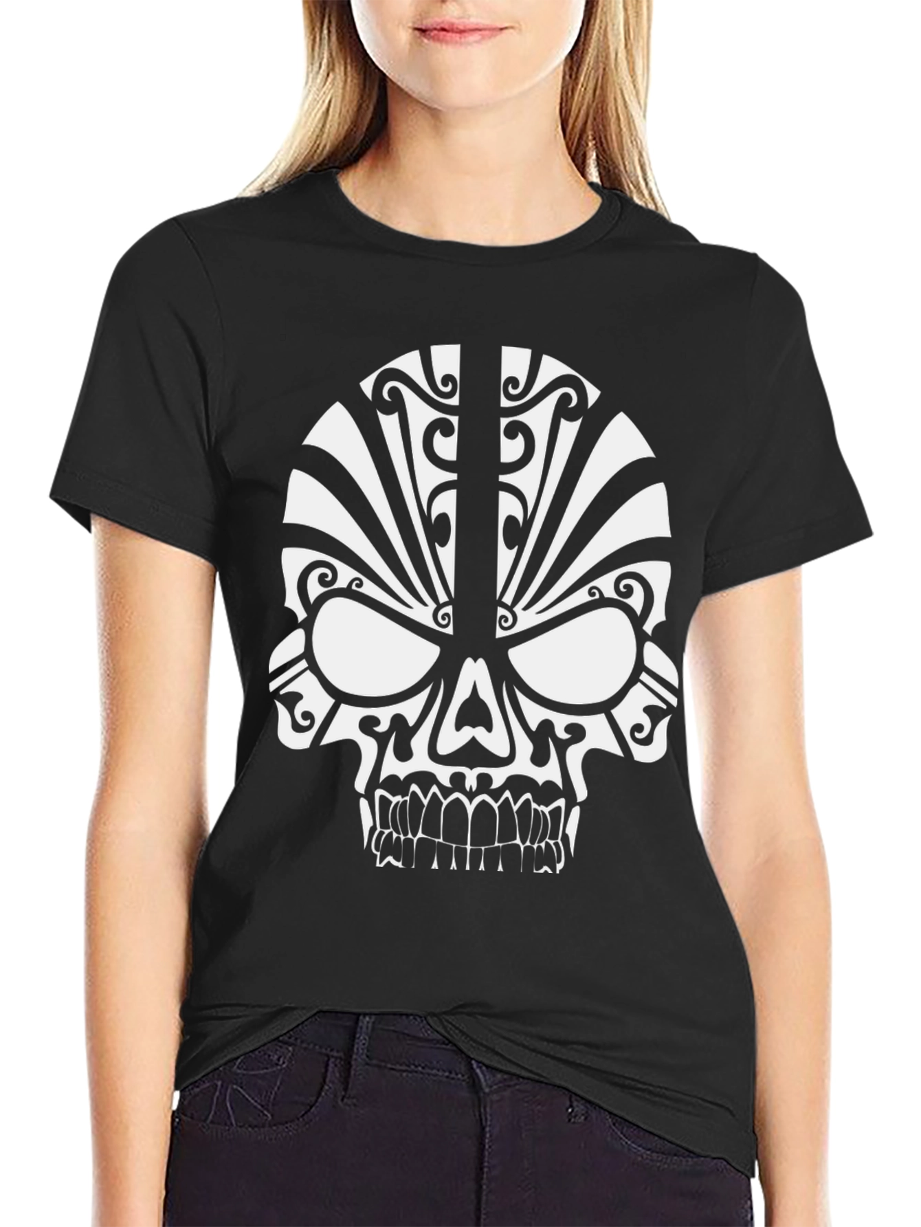 Tribal Skull Graphic Tee - Black Cotton T-Shirt