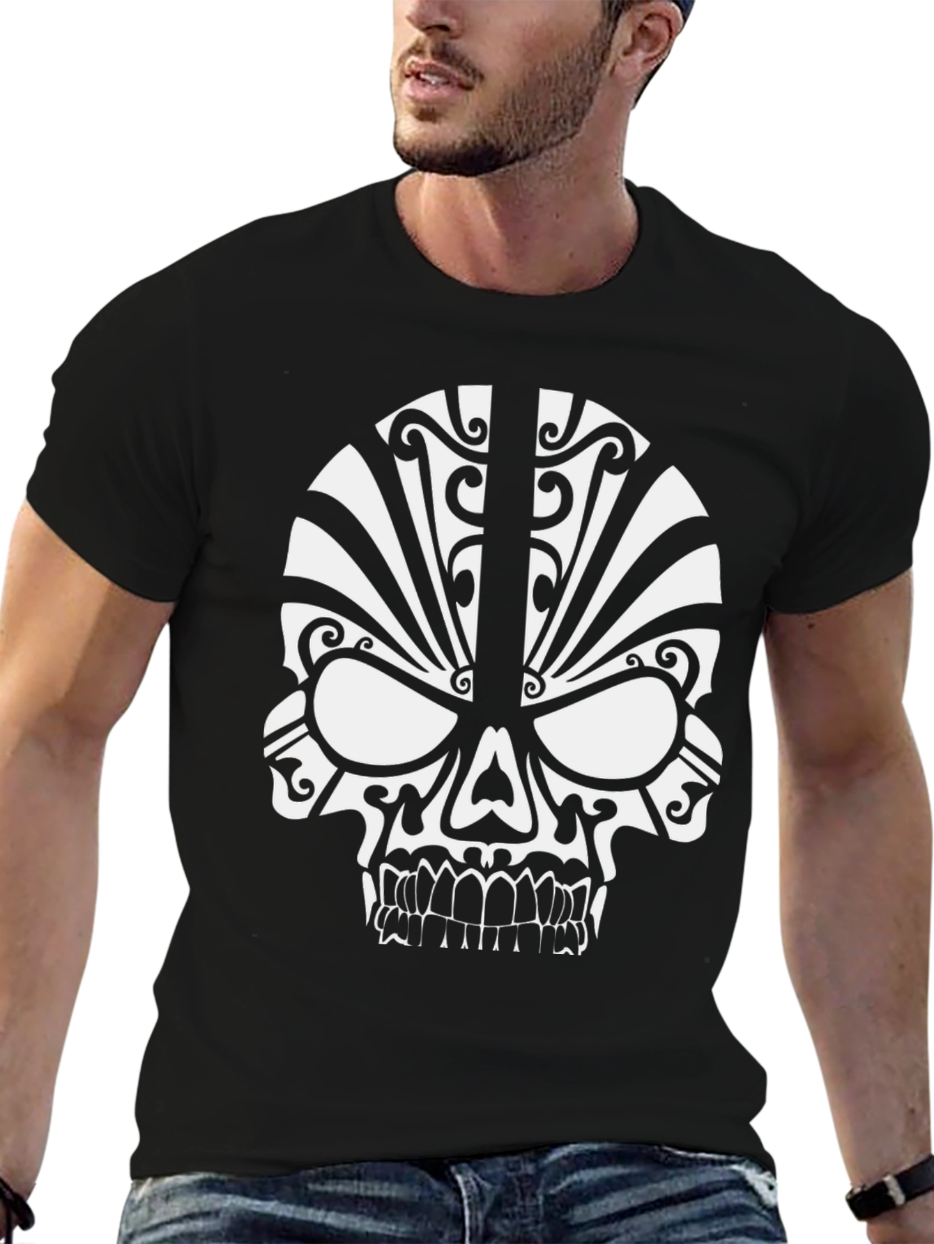 Tribal Skull Graphic Tee - Black Cotton T-Shirt