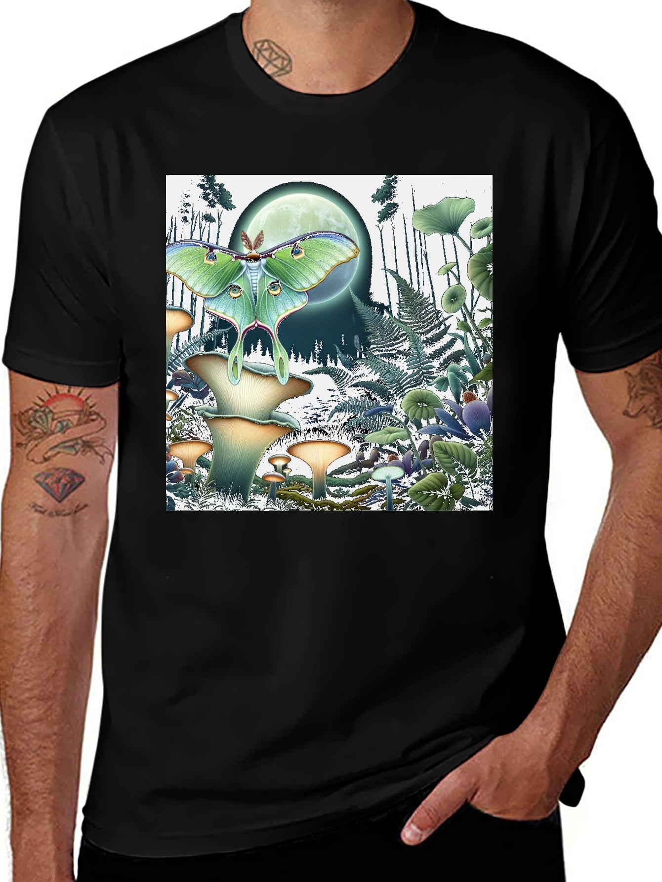 Luna Moth and Mushroom Forest Graphic Tee