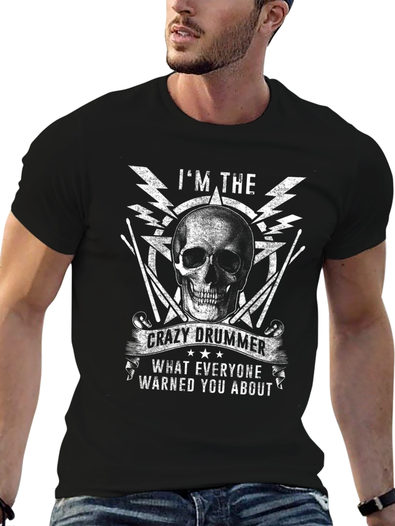 Crazy Drummer Skull Graphic T-Shirt