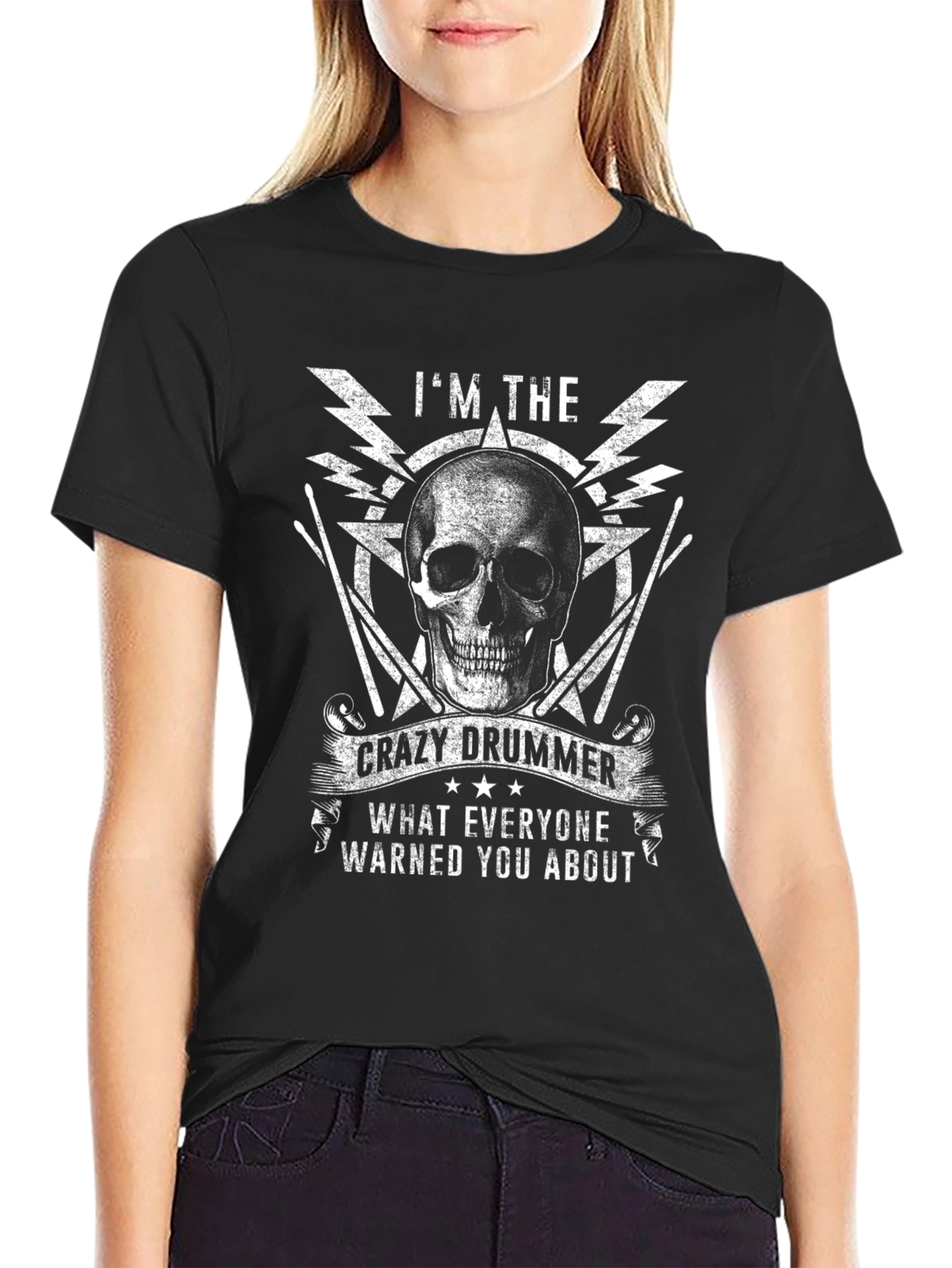 Crazy Drummer Skull Graphic T-Shirt
