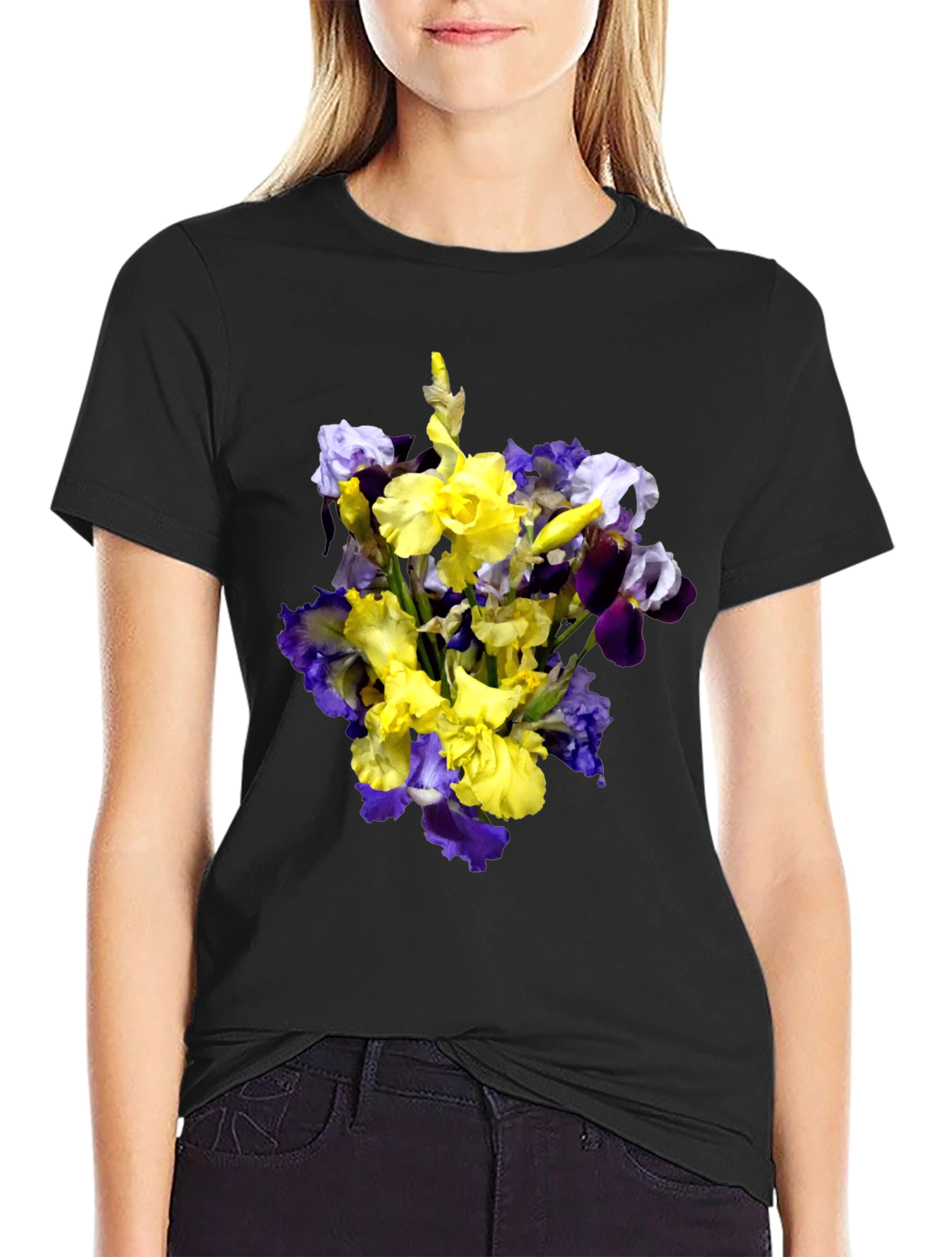 Floral Iris Bouquet Graphic Black T-Shirt