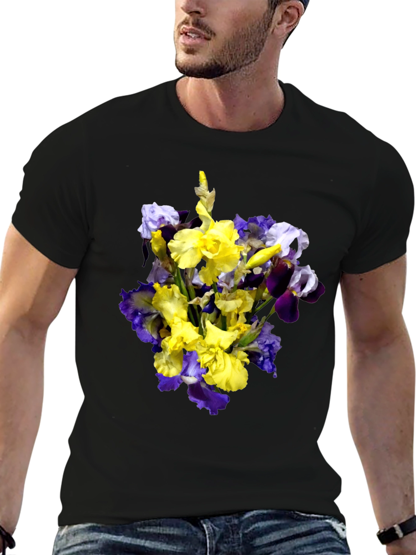 Floral Iris Bouquet Graphic Black T-Shirt