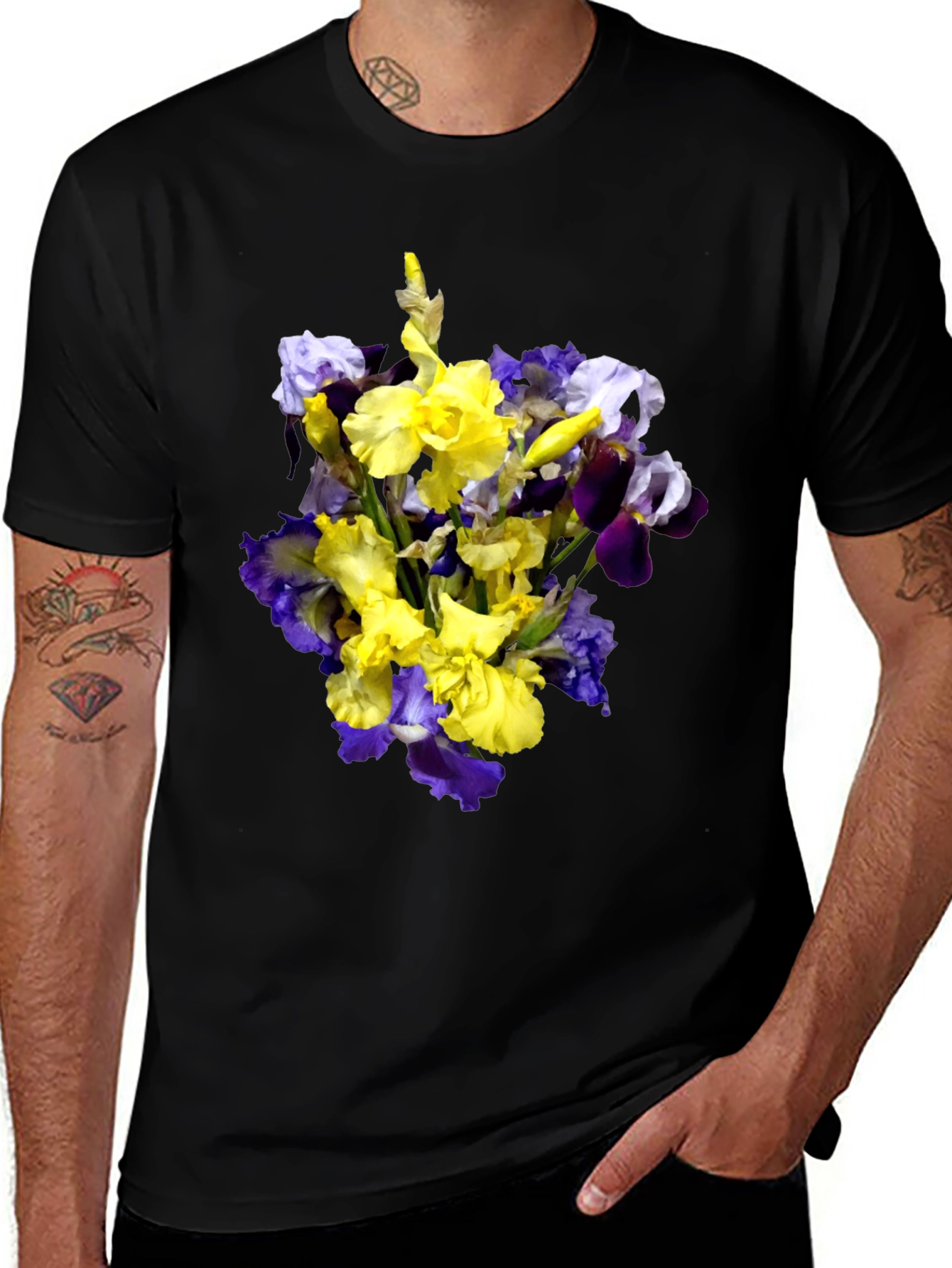 Floral Iris Bouquet Graphic Black T-Shirt