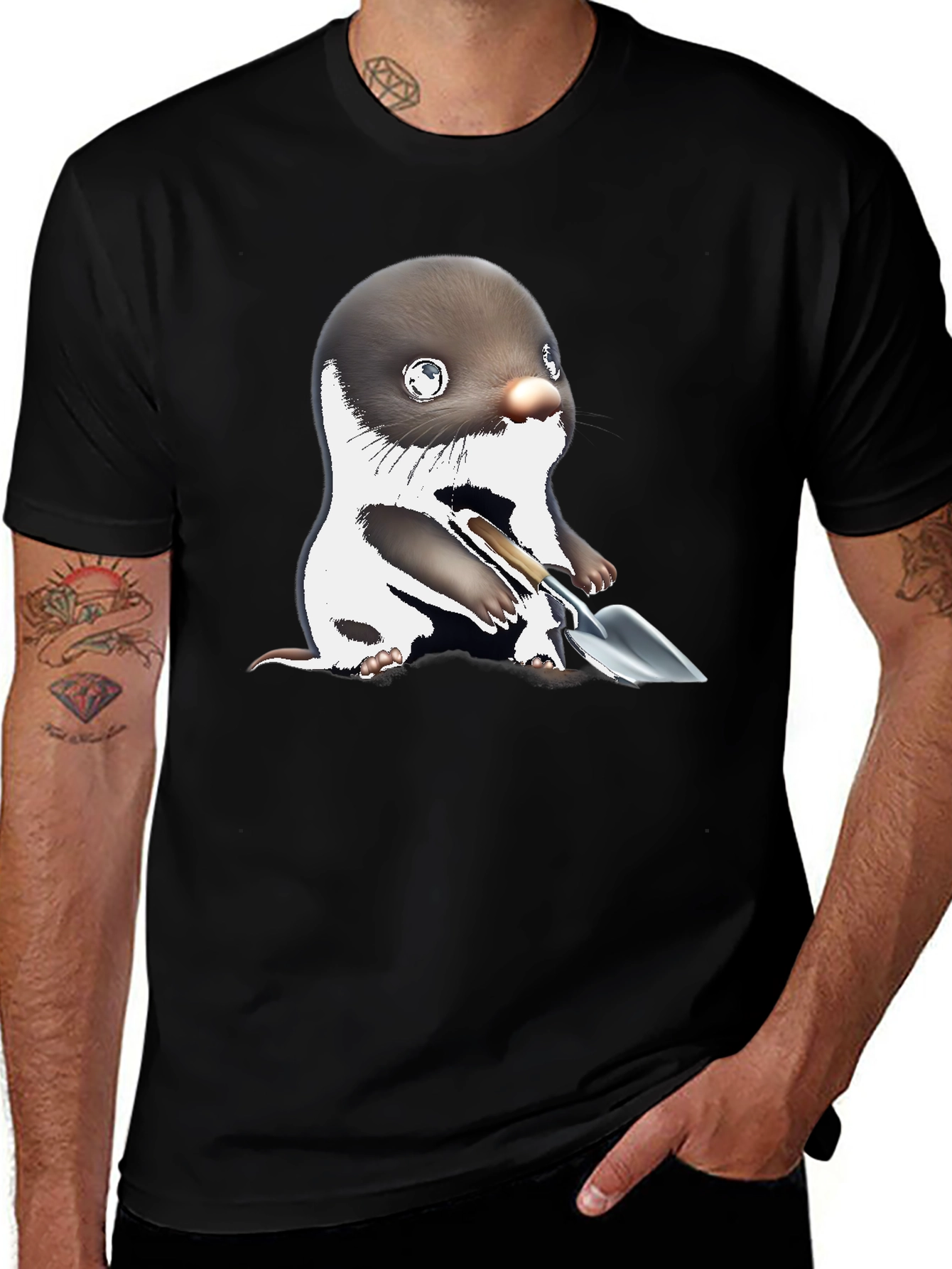Mole with Shovel Graphic Tee - Black Cotton T-Shirt
