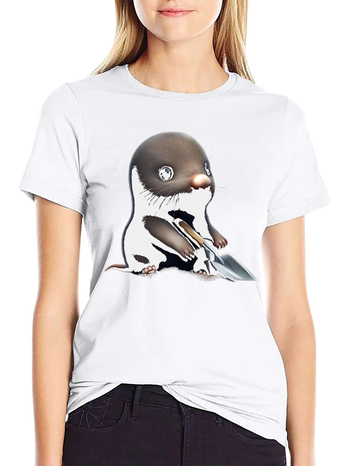 Mole with Shovel Graphic Tee - Black Cotton T-Shirt