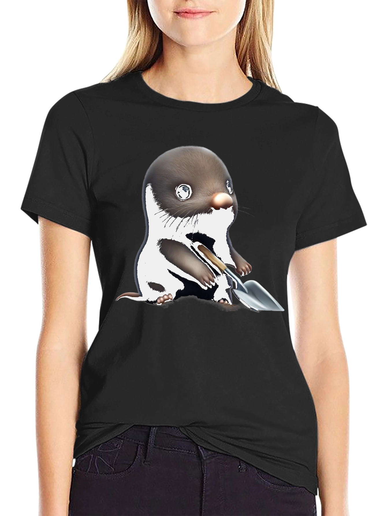 Mole with Shovel Graphic Tee - Black Cotton T-Shirt