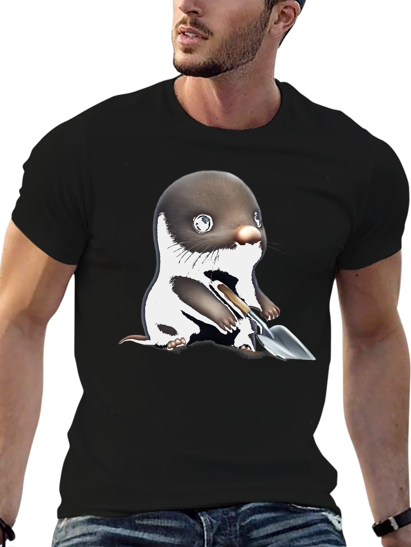 Mole with Shovel Graphic Tee - Black Cotton T-Shirt