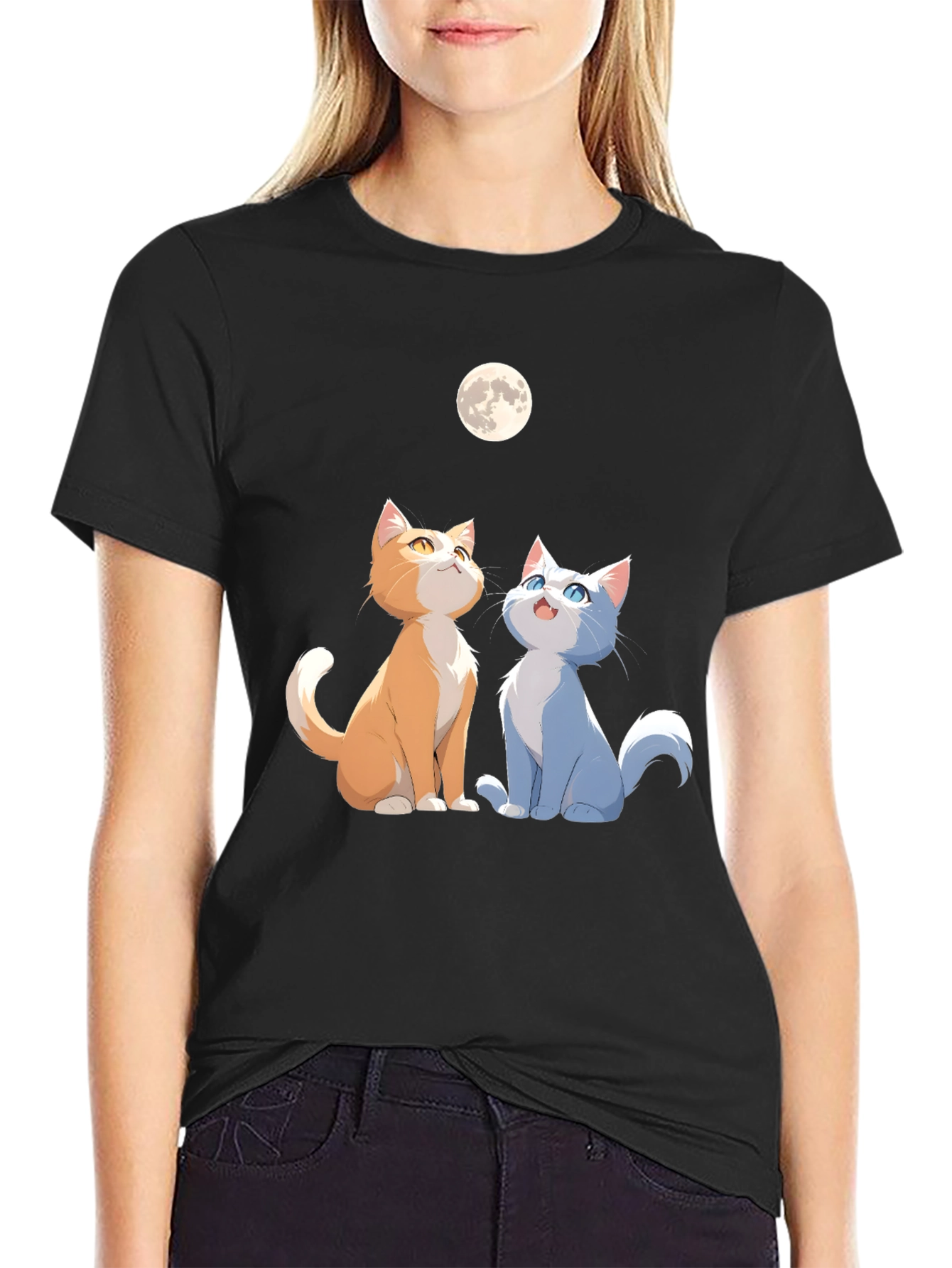 Cats Under Moon Graphic Tee - Unisex Black Shirt