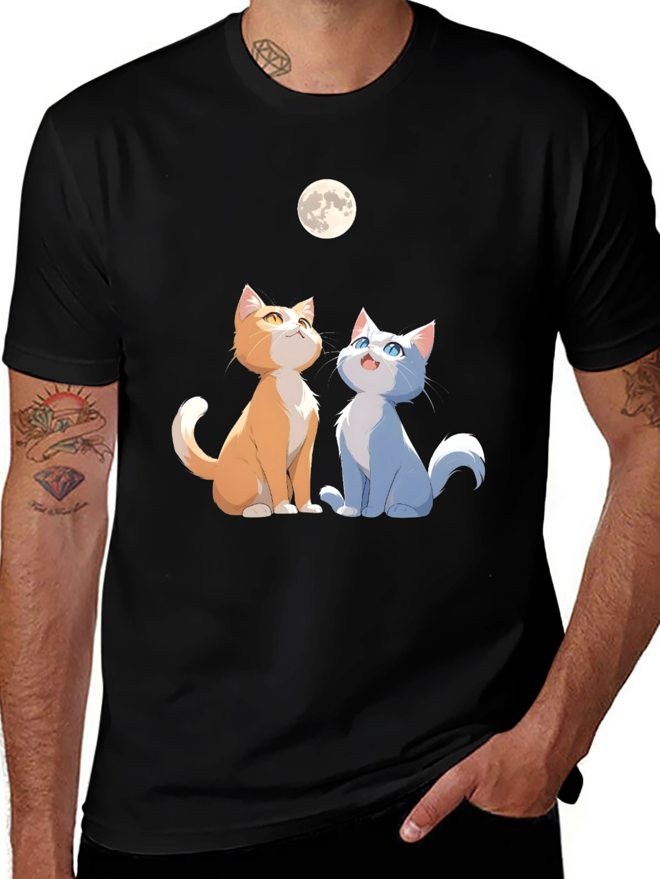 Cats Under Moon Graphic Tee - Unisex Black Shirt
