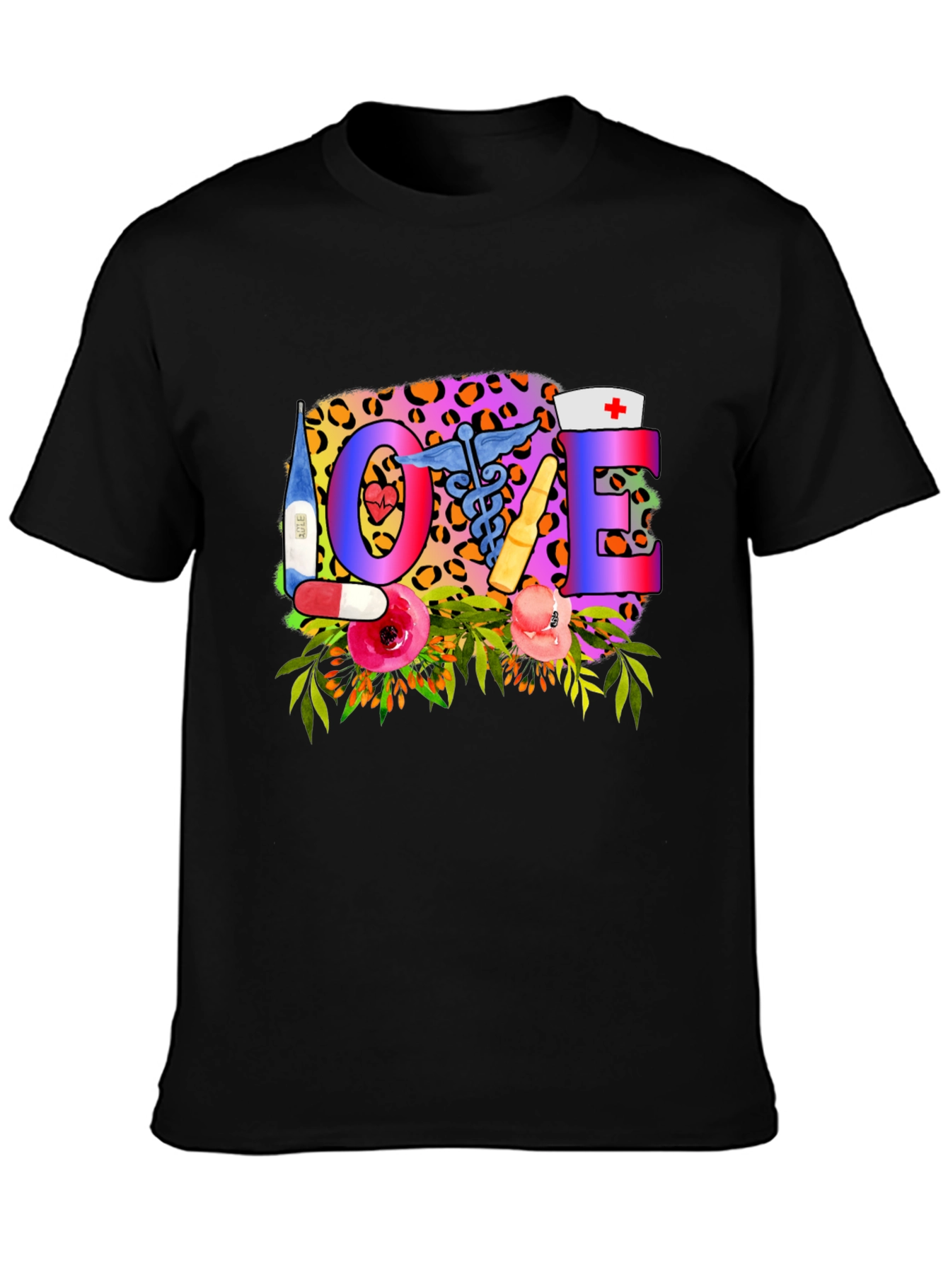 Nurse Love Graphic Tee - Floral Leopard Print
