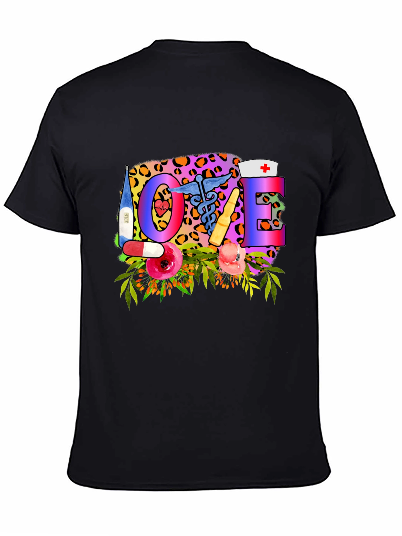 Nurse Love Graphic Tee - Floral Leopard Print