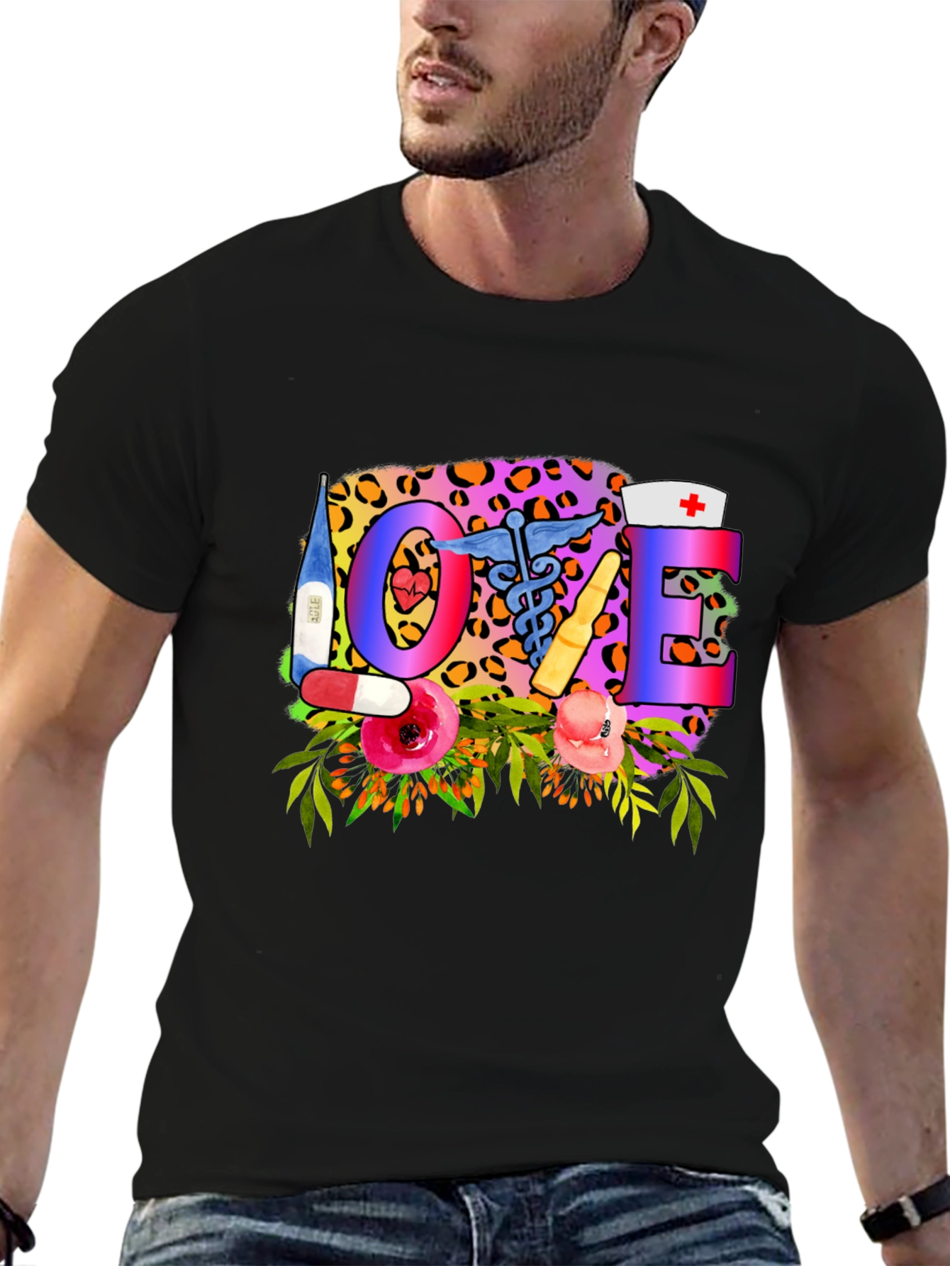 Nurse Love Graphic Tee - Floral Leopard Print