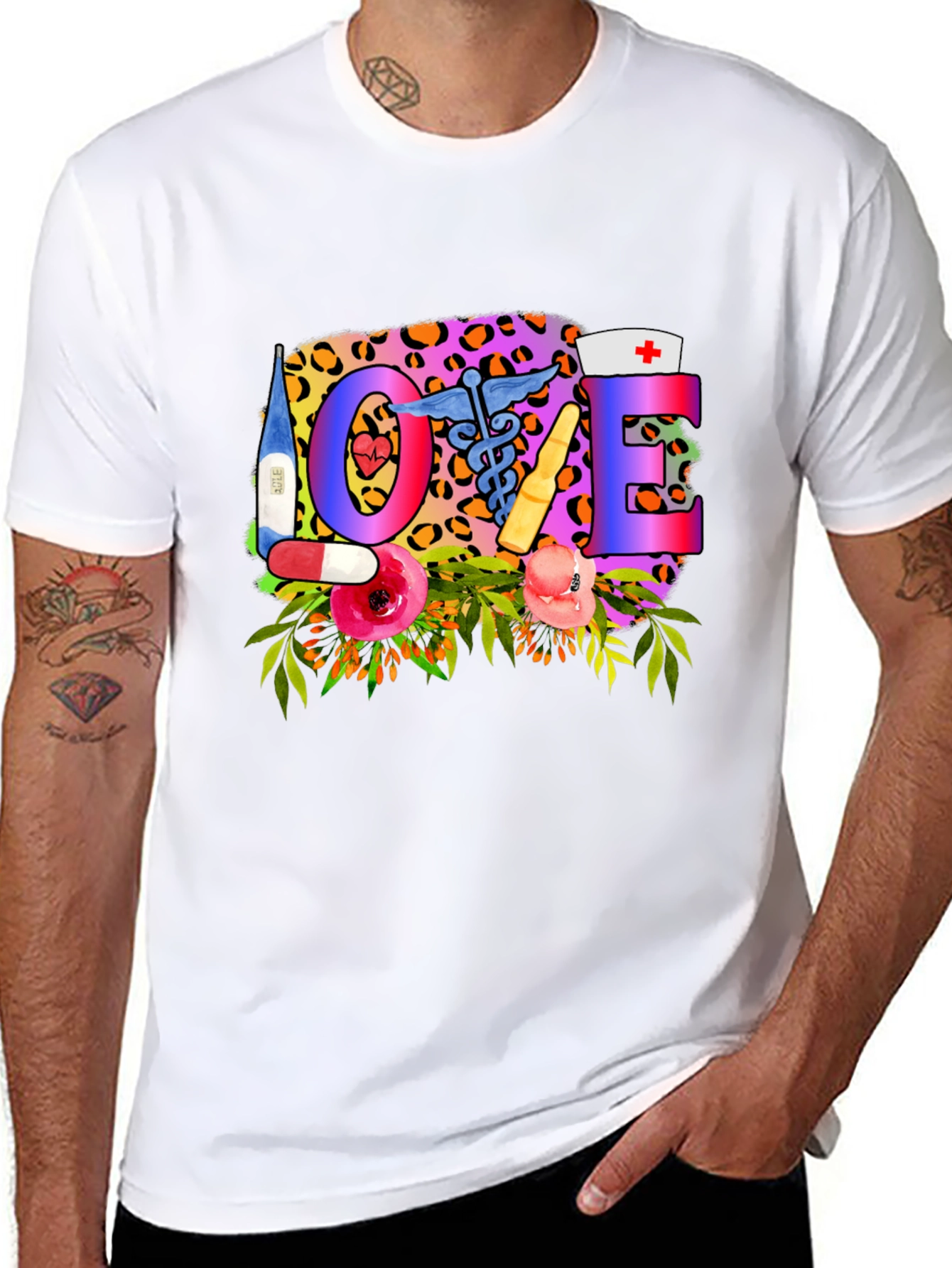 Nurse Love Graphic Tee - Floral Leopard Print