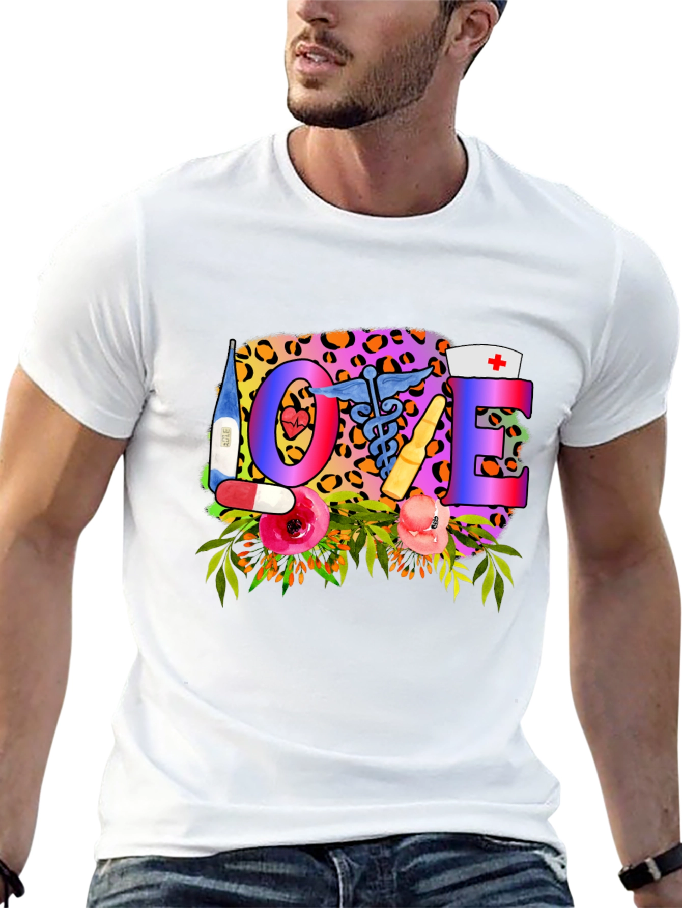 Nurse Love Graphic Tee - Floral Leopard Print