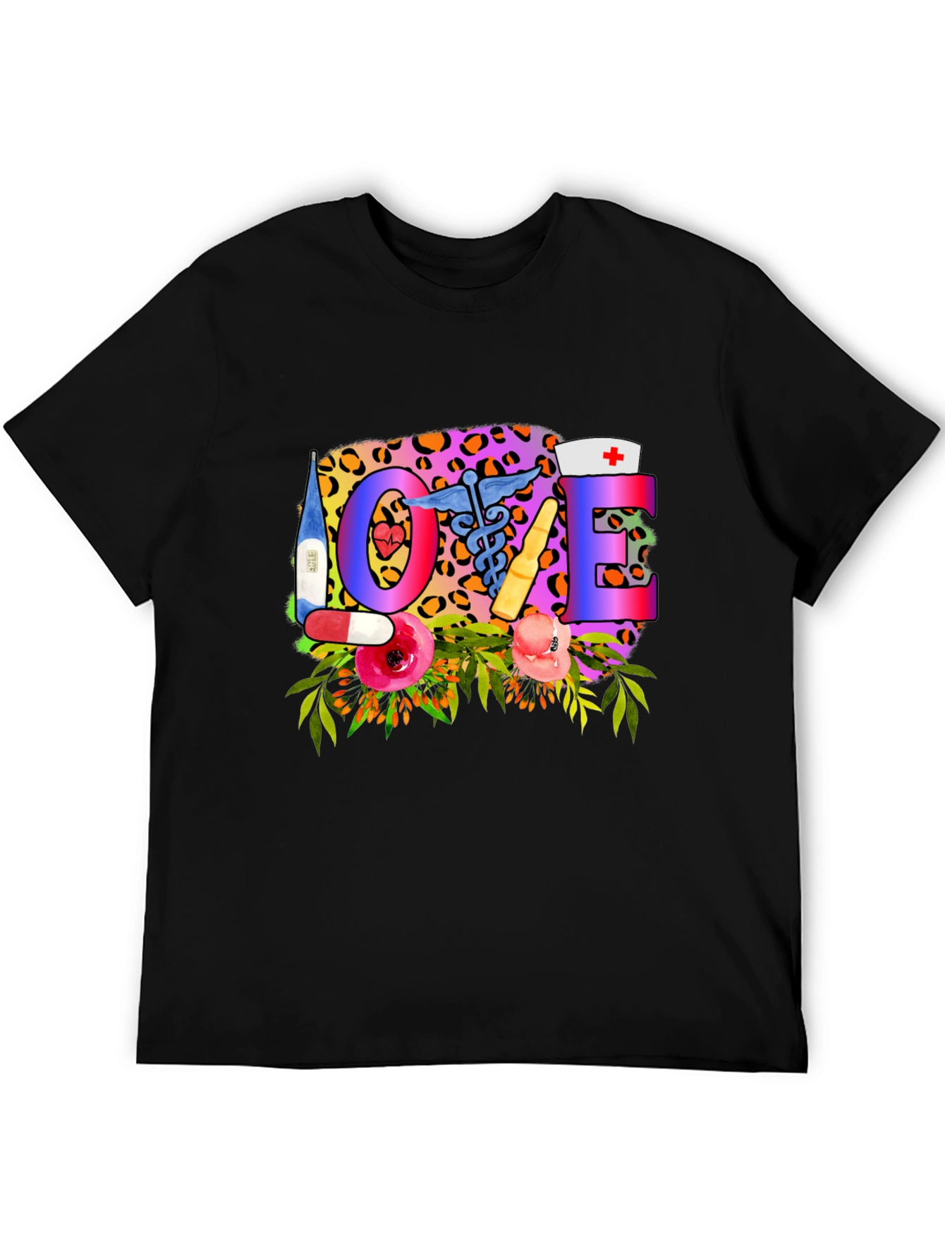 Nurse Love Graphic Tee - Floral Leopard Print