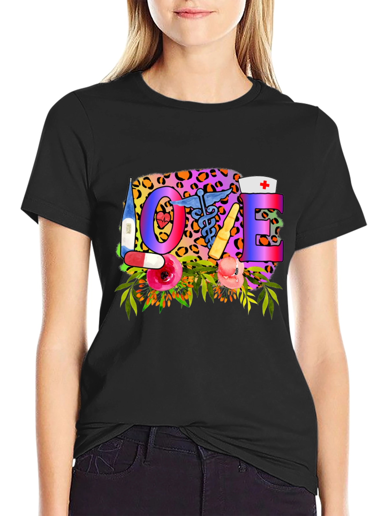 Nurse Love Graphic Tee - Floral Leopard Print