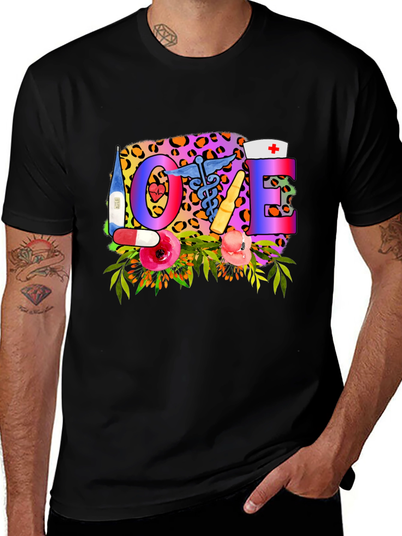 Nurse Love Graphic Tee - Floral Leopard Print