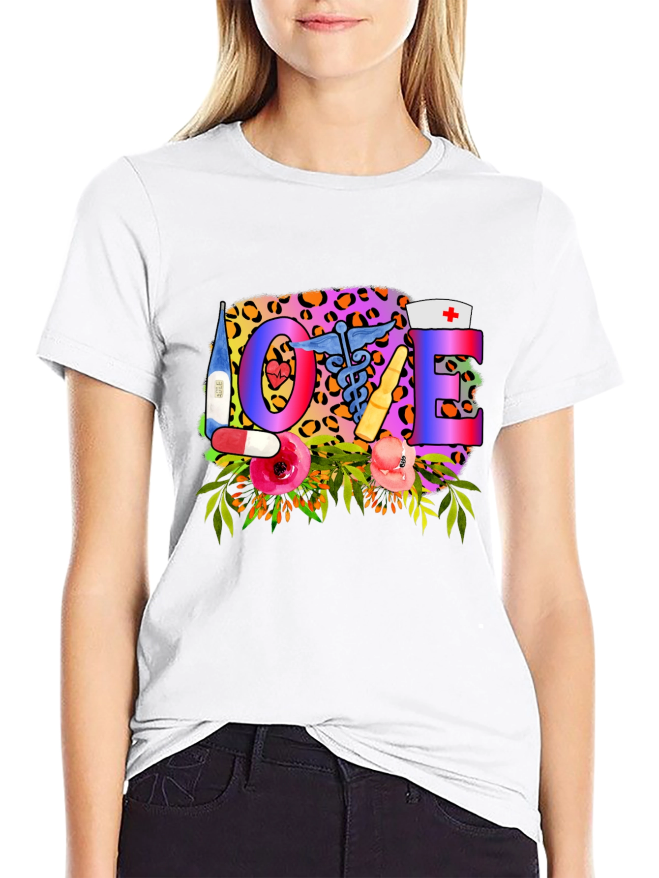 Nurse Love Graphic Tee - Floral Leopard Print