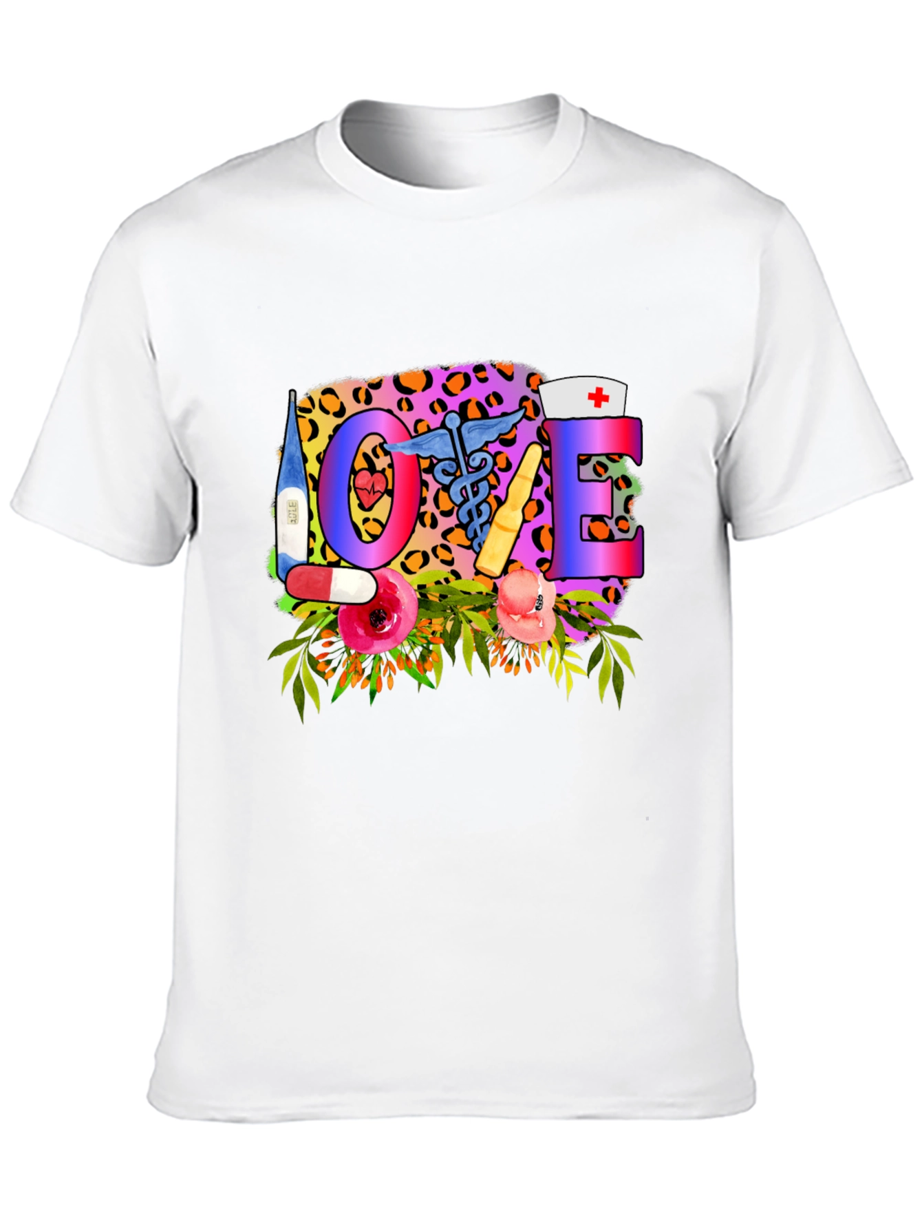 Nurse Love Graphic Tee - Floral Leopard Print
