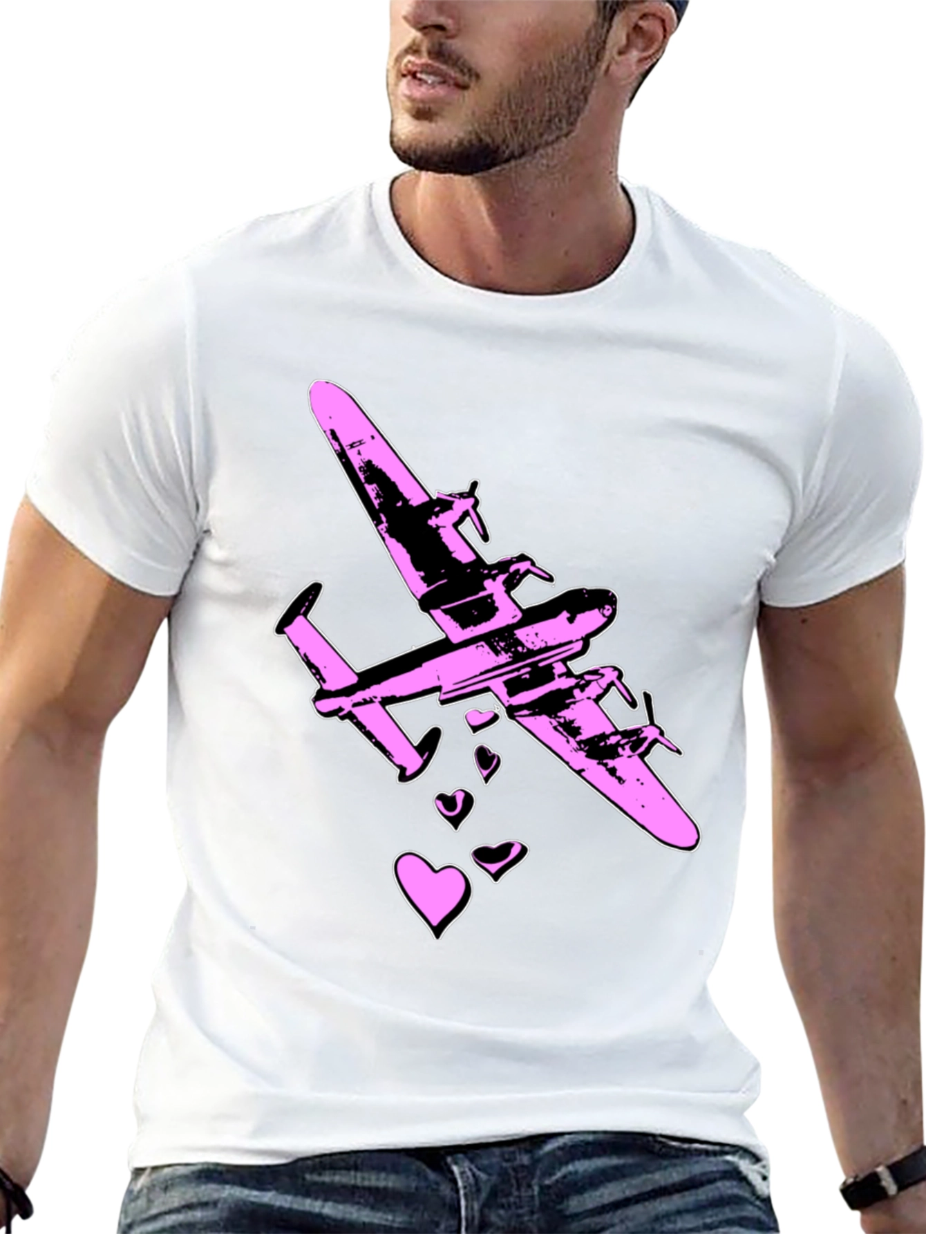 Pink Airplane Hearts Graphic Black T-Shirt