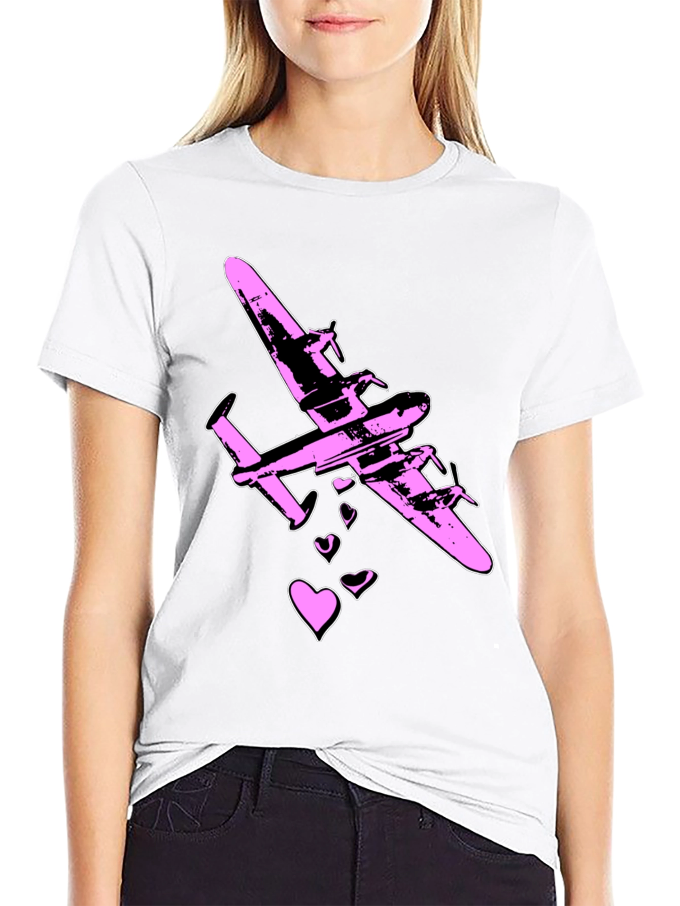 Pink Airplane Hearts Graphic Black T-Shirt