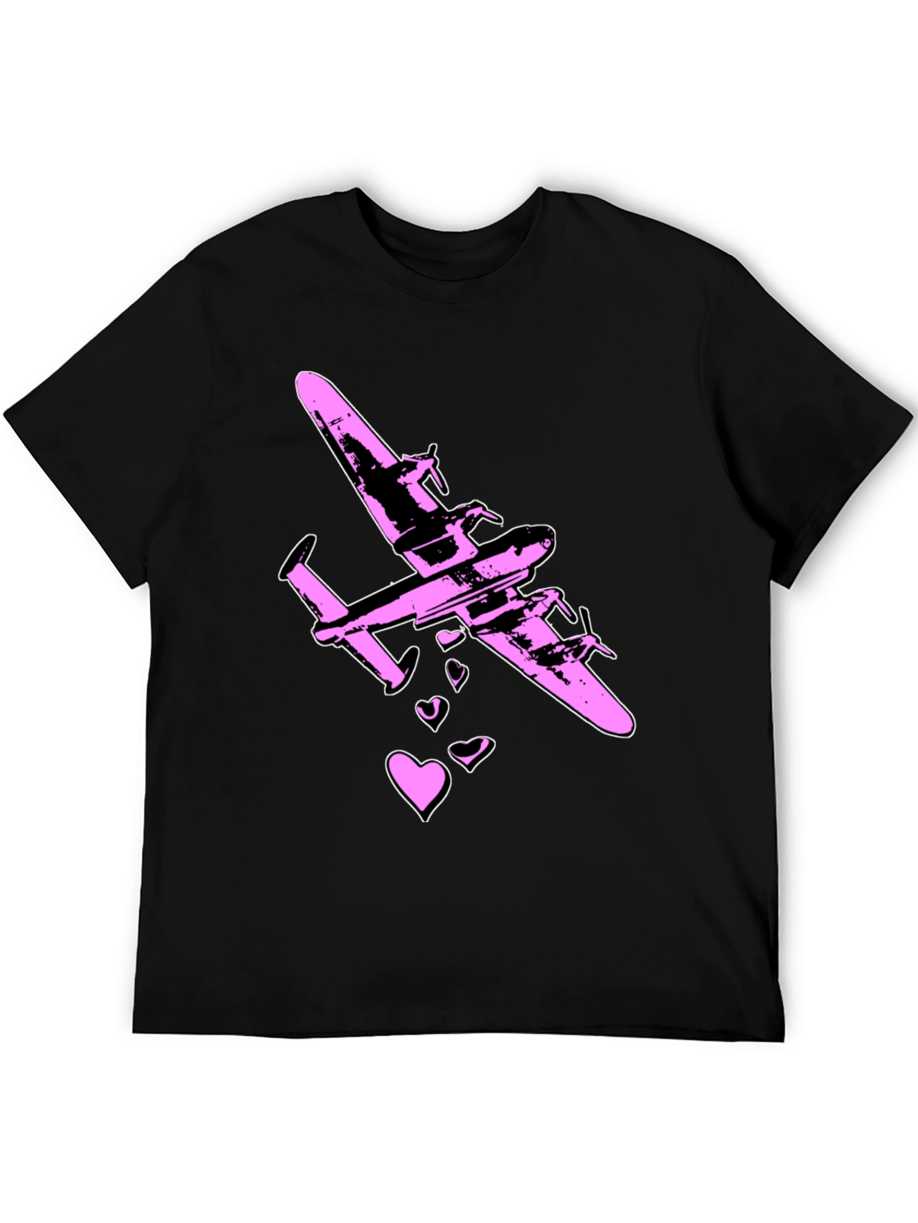 Pink Airplane Hearts Graphic Black T-Shirt