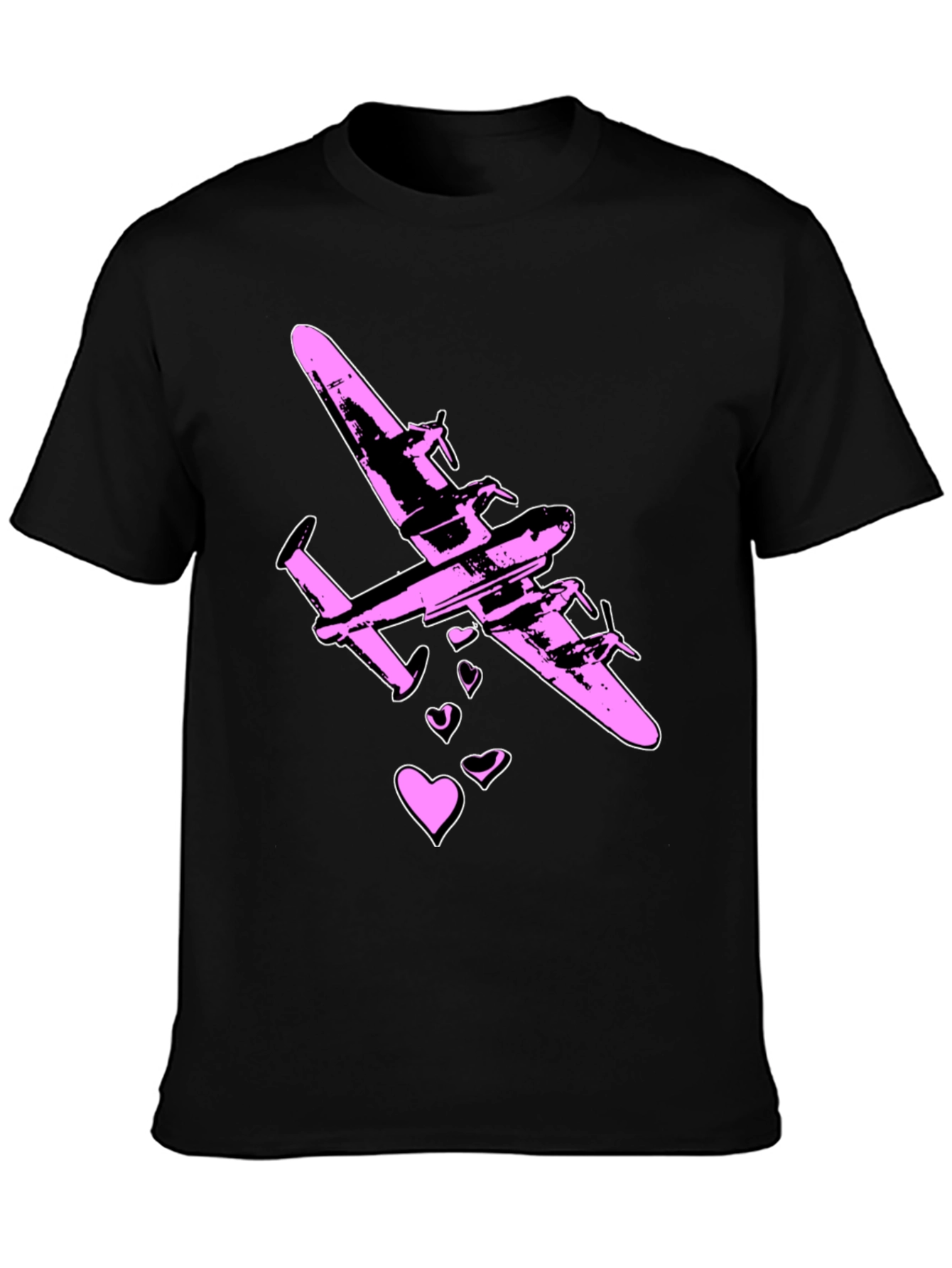 Pink Airplane Hearts Graphic Black T-Shirt