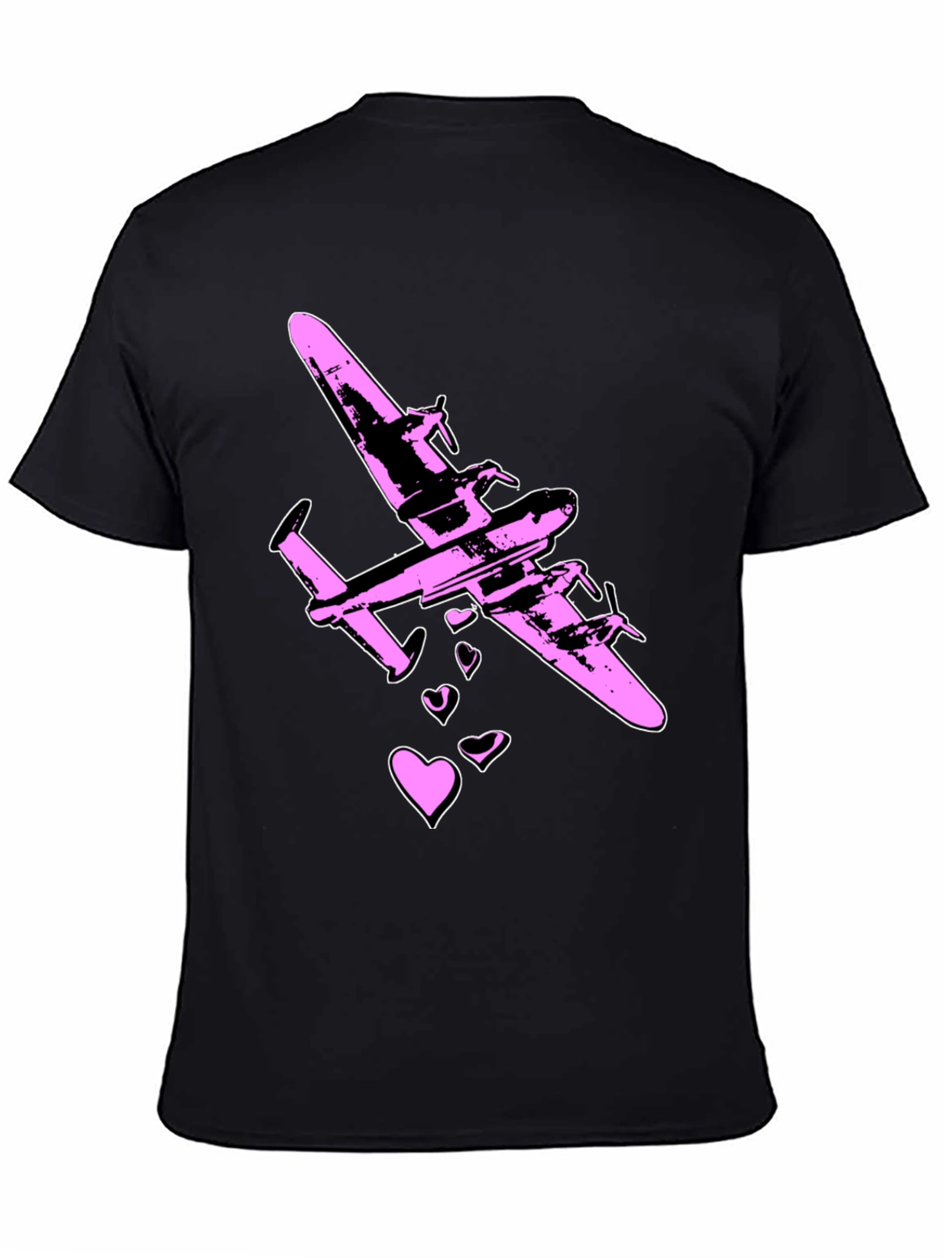 Pink Airplane Hearts Graphic Black T-Shirt